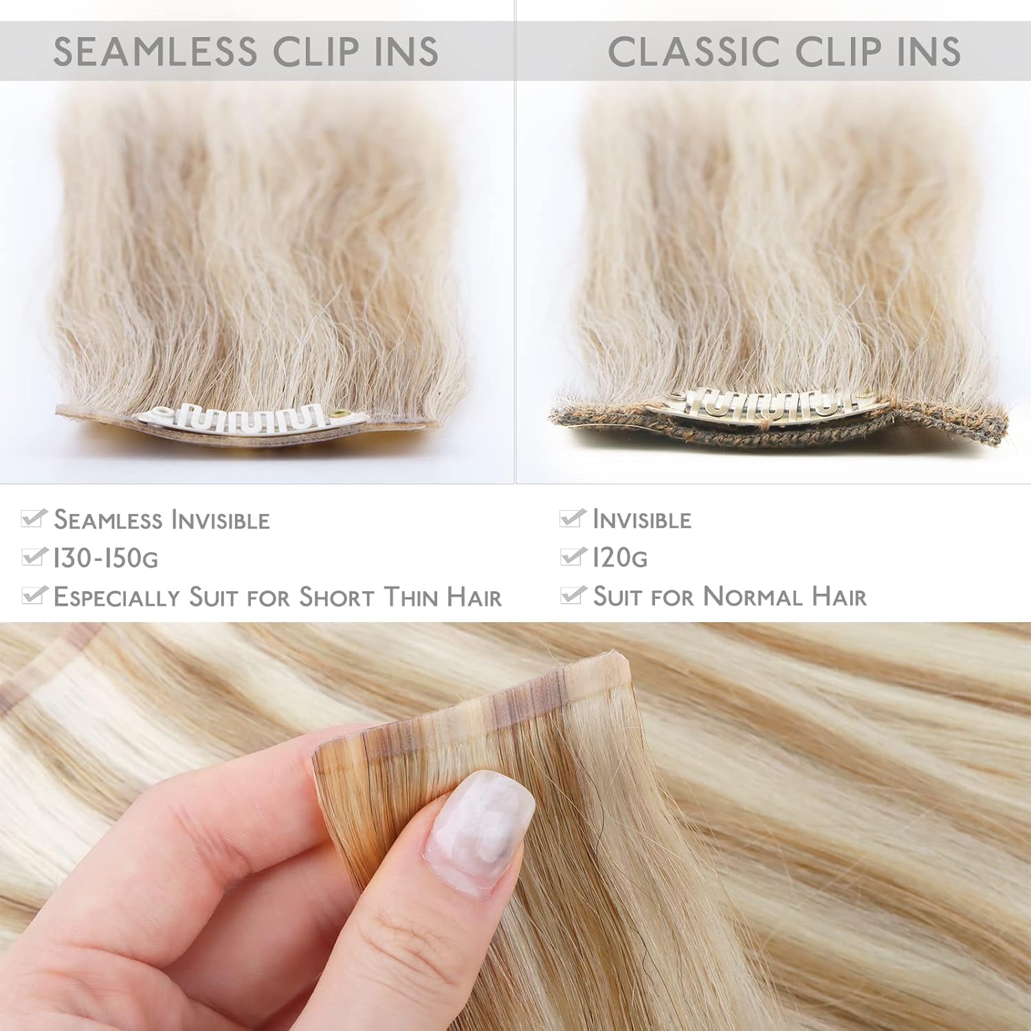 WENNALIFE Seamless Clip In Hair Extensions Human Hair, 12 Inch 80g 7pcs Dirty Blonde Highlighted Bleach Blonde Real Hair Extensions Invisible PU Skin Weft Natural Remy Human Hair