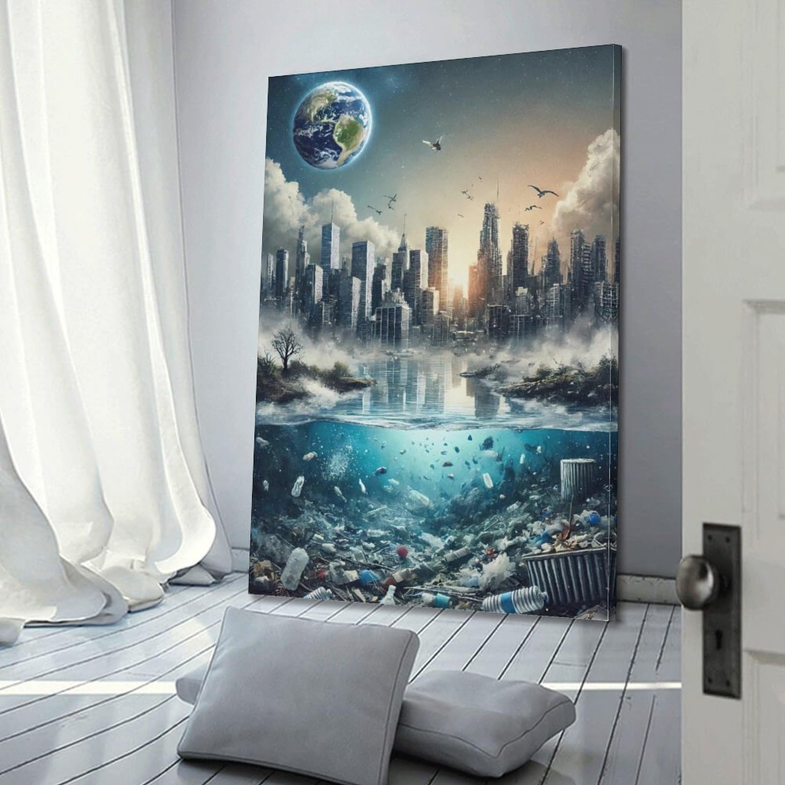 CWLLOG Leinwanddrucke, Wandkunst, Poster, Geisteswissenschaften, realistisch, urbaner Ozean, Umwelt-Illustration, modernes Wohnzimmer und Schlafzimmer, Kunstwerk, Dekoration, 60 x 90 cm