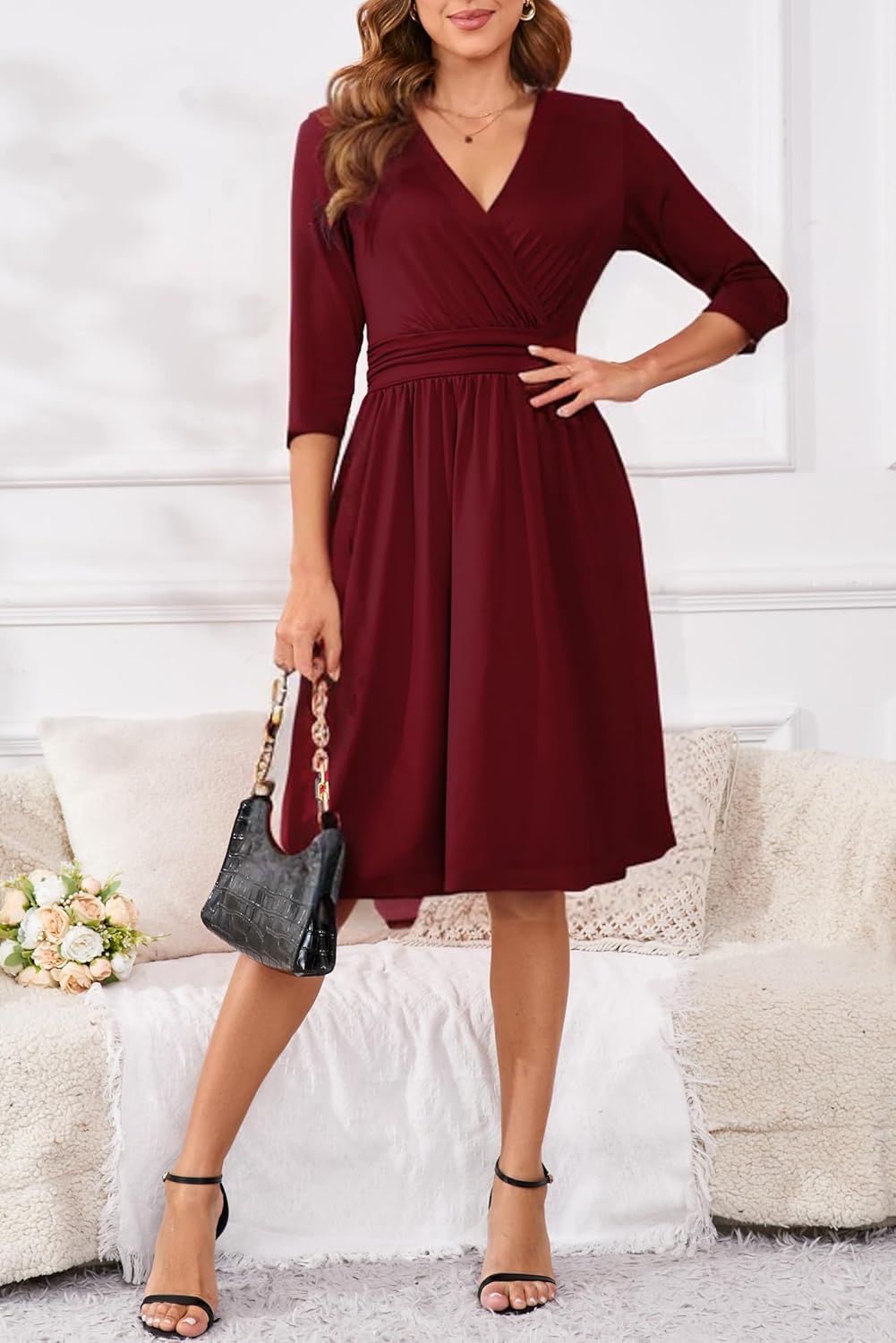 Women's Casual Dresses Vintage Wrap V-Neck 3/4 Sleeve Fit and Flare Midi Dress - Image 5