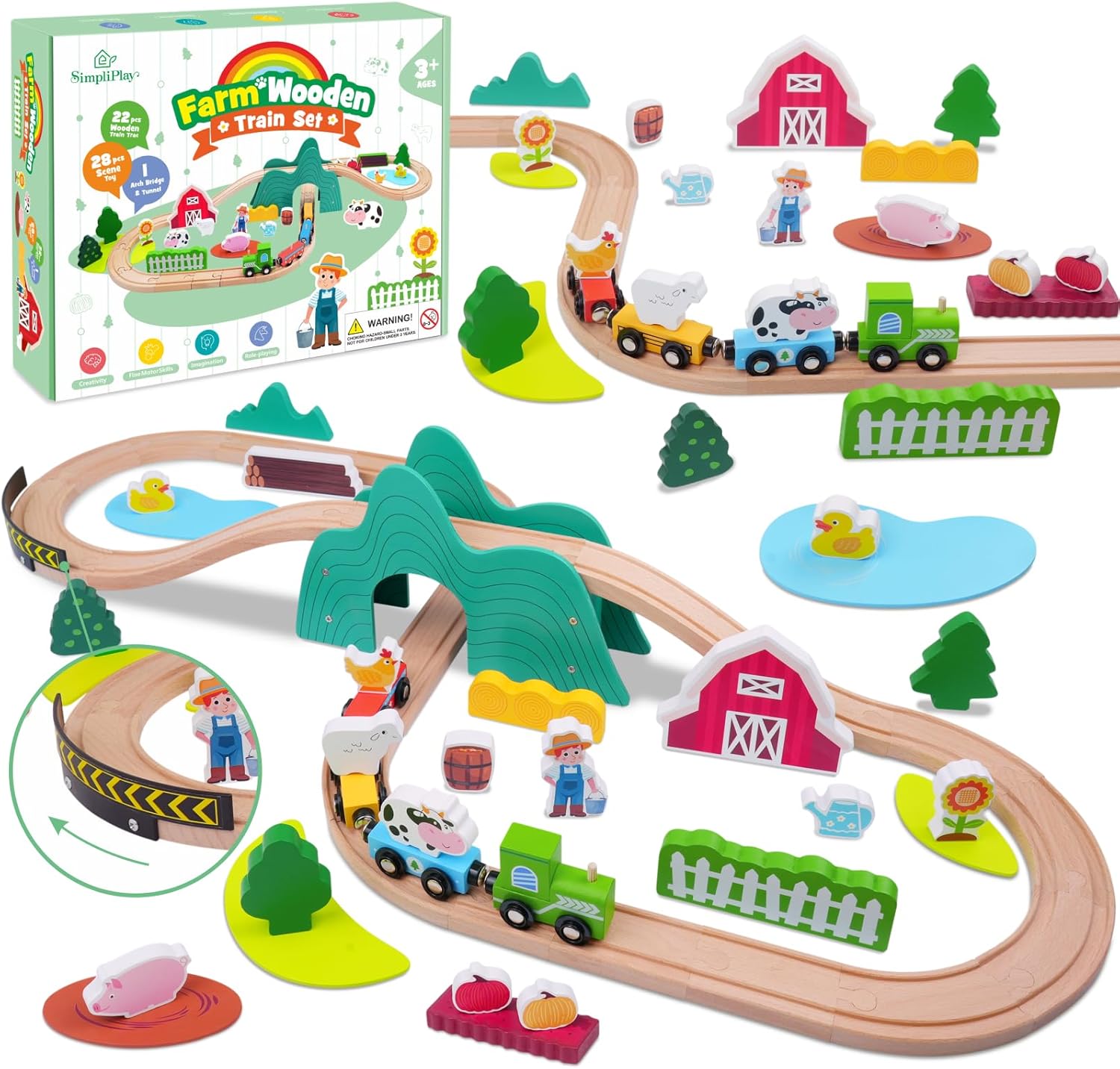 SIMPLIPLAY Wooden Train Set for Toddlers - 49PCS Farm Montessori Train Sets, Wooden Train Track for Toddlers 3-5 with Bridge & Cute Farm Animal Toys, Gifts for 3 4 5 Years Old Girls & Boys
