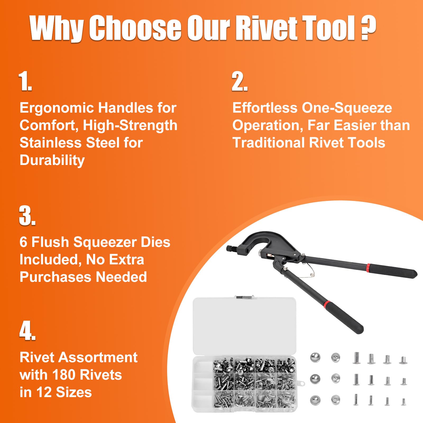 Rivet Squeezer Kit - 180 Rivets & Dies for Auto DIY -6