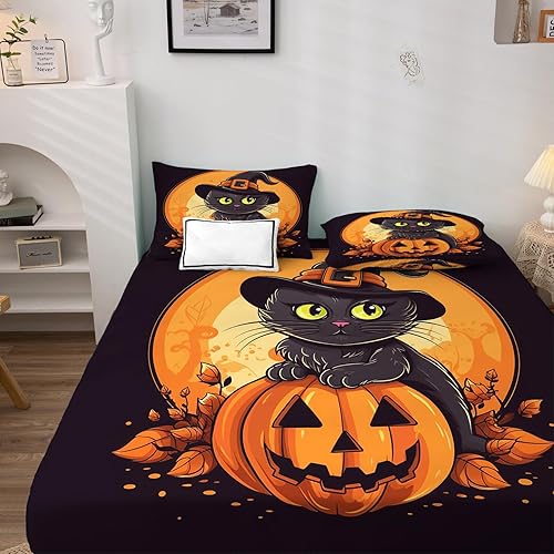Miniatura 3 de Sábanas de Halloween tamaño King  Sábanas de calabaza de gato negro para niños y niñas, juego de sábanas naranja y negro con sábana bajera de
