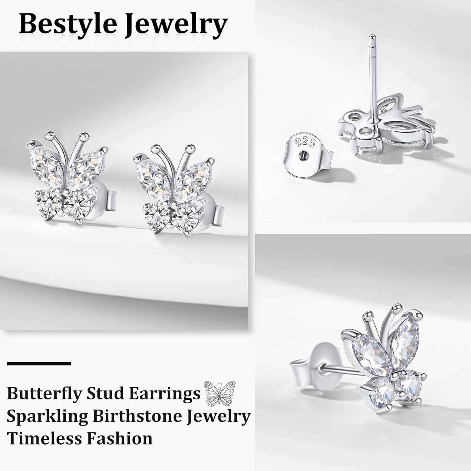 Bestyle Sterling Silver Butterfly Earrings for Women, Dainty Cute Birthstone Studs Hypoallergenic Jewelry, Great Birthday Gift - Image 5