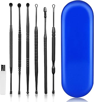Ear Wax Removal Kit, Ear Cleaner, Ear Pick, Ear Cleaning Tool Set Stainless Steel 6 in 1 Ear Spoon Curette with Cleaning Brush and Storage Box, Black
