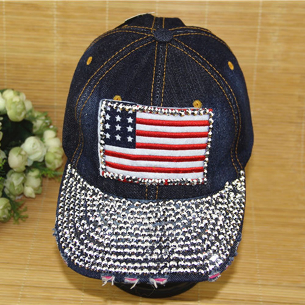 American Flag Cap Hat Rhinestone Print Denim Rivet Sun-shading Adjustable Baseball Cap Autumn and Winter Women's Cap