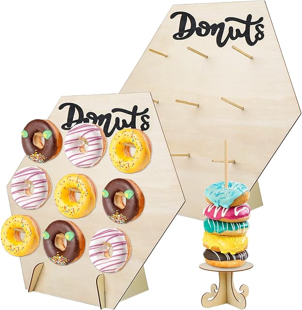 3 Pcs 2 Style Donut Wall Set Donut Stand Display Wooden Reusable Doughnut Wall Stand Holder for Birthday Wedding Party Dessert Shop Decorations Supplies