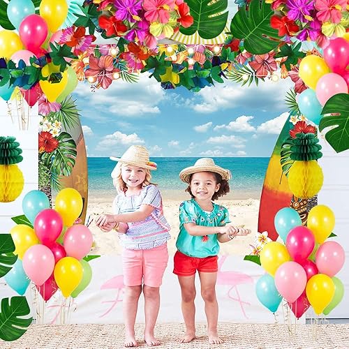 Miniatura 3 de Fondo de playa hawaiana para verano, cielo, océano, palmera tropical, tabla de surf, fondo de fotografía, baby shower, decoración de fiesta de