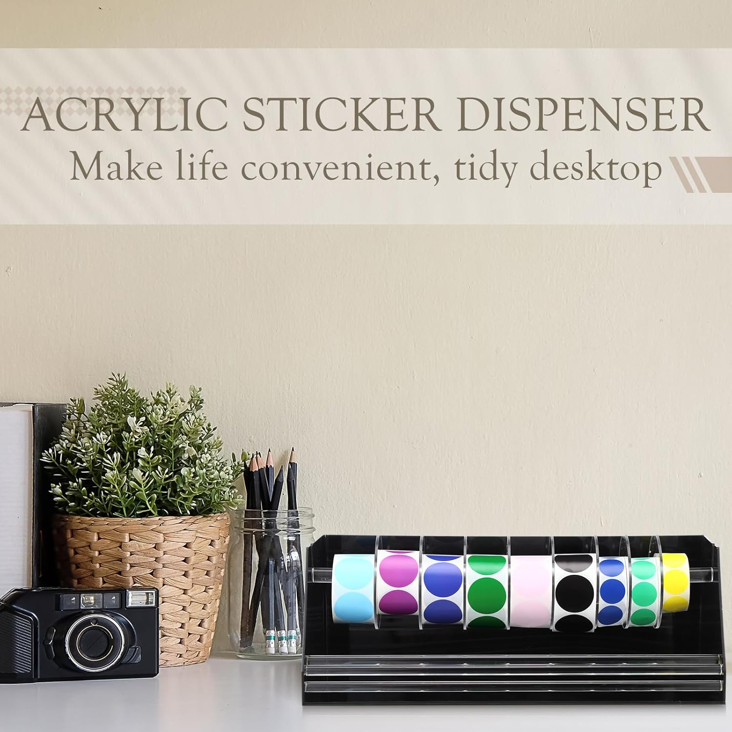 Feifeiya Adjustable Label Dispenser Acrylic Sticker Roll Dispenser Label Roll Holder Multi Use Sticker Holder Organizer Stand for School Gifts and Home Office Desktop(9 Disks)