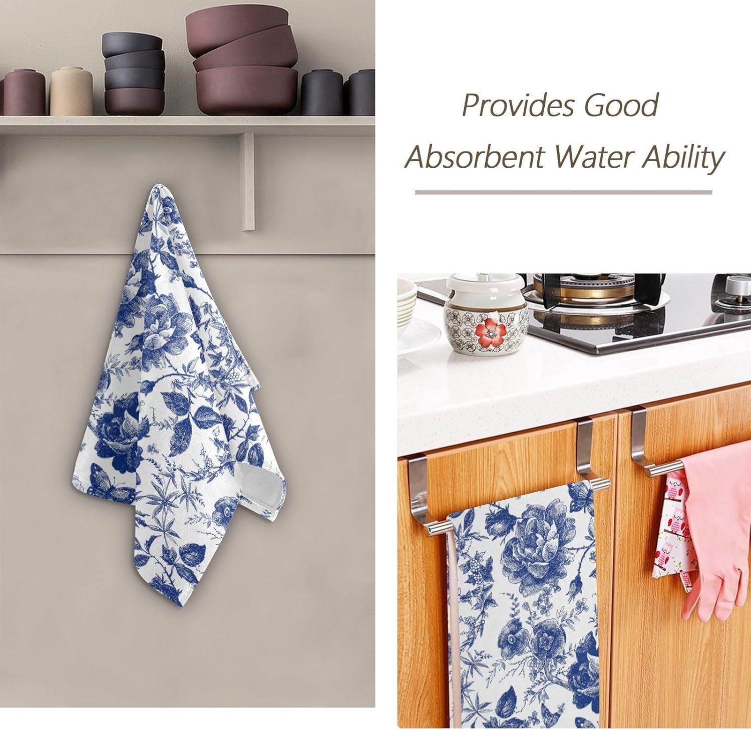 Blue and White Rose Hand Towels for Bathroom Set of 2,Vintage Chinoiserie Roses Floral Butterfly Kitchen Towels,Microfiber Absorbent Decorative Bathroom Towels for Face,Shower,Gym 14"x28" - Image 7