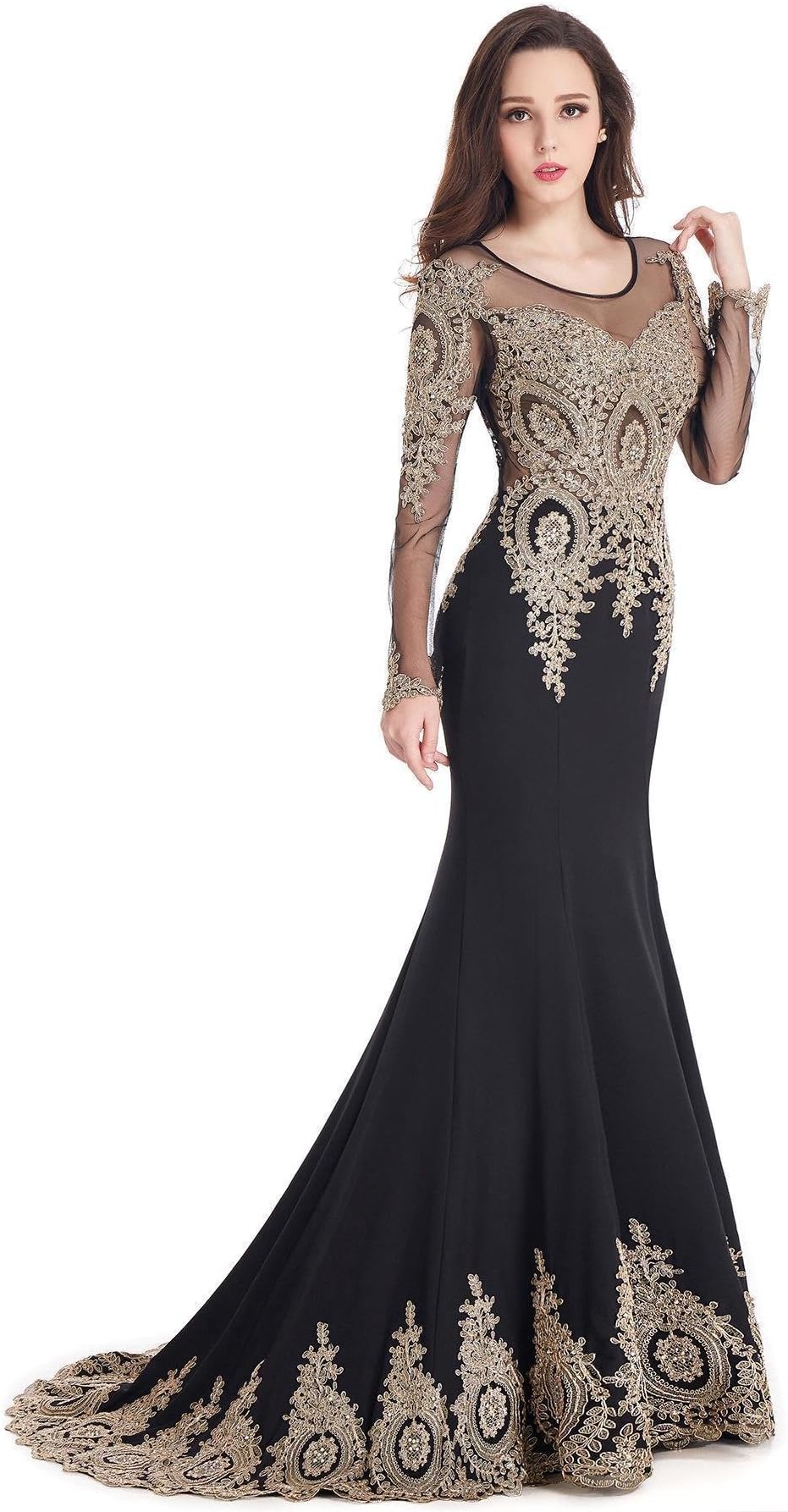 Babyonline Trumpet Long Evening Dress Lace Beads Cap Sleeve Party Prom Gowns