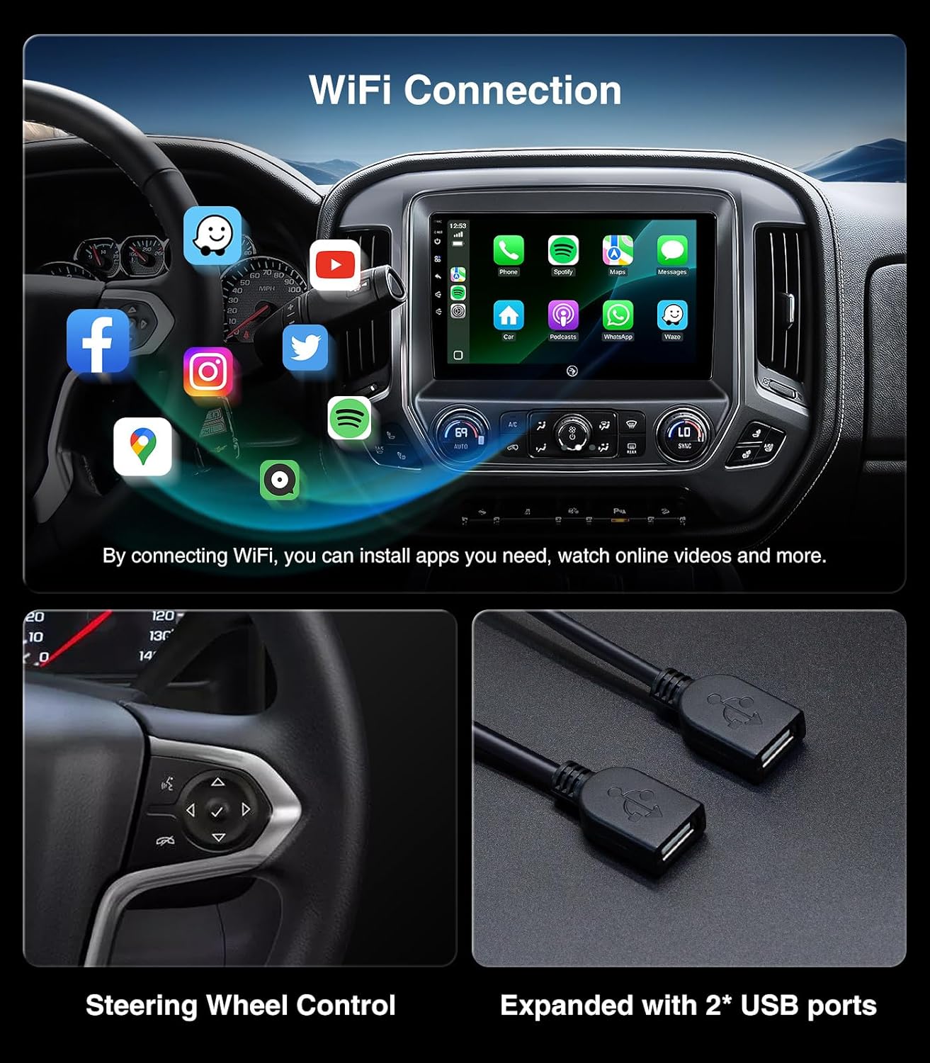 10Inch Android Car Radio Upgrade for GMC Sierra Chevrolet Silverado 2014-2018 Touch Screen Stereo Head Unit Support Wirless Carplay Android Auto GPS Navigation Multimedia Player Stock Camera SWC