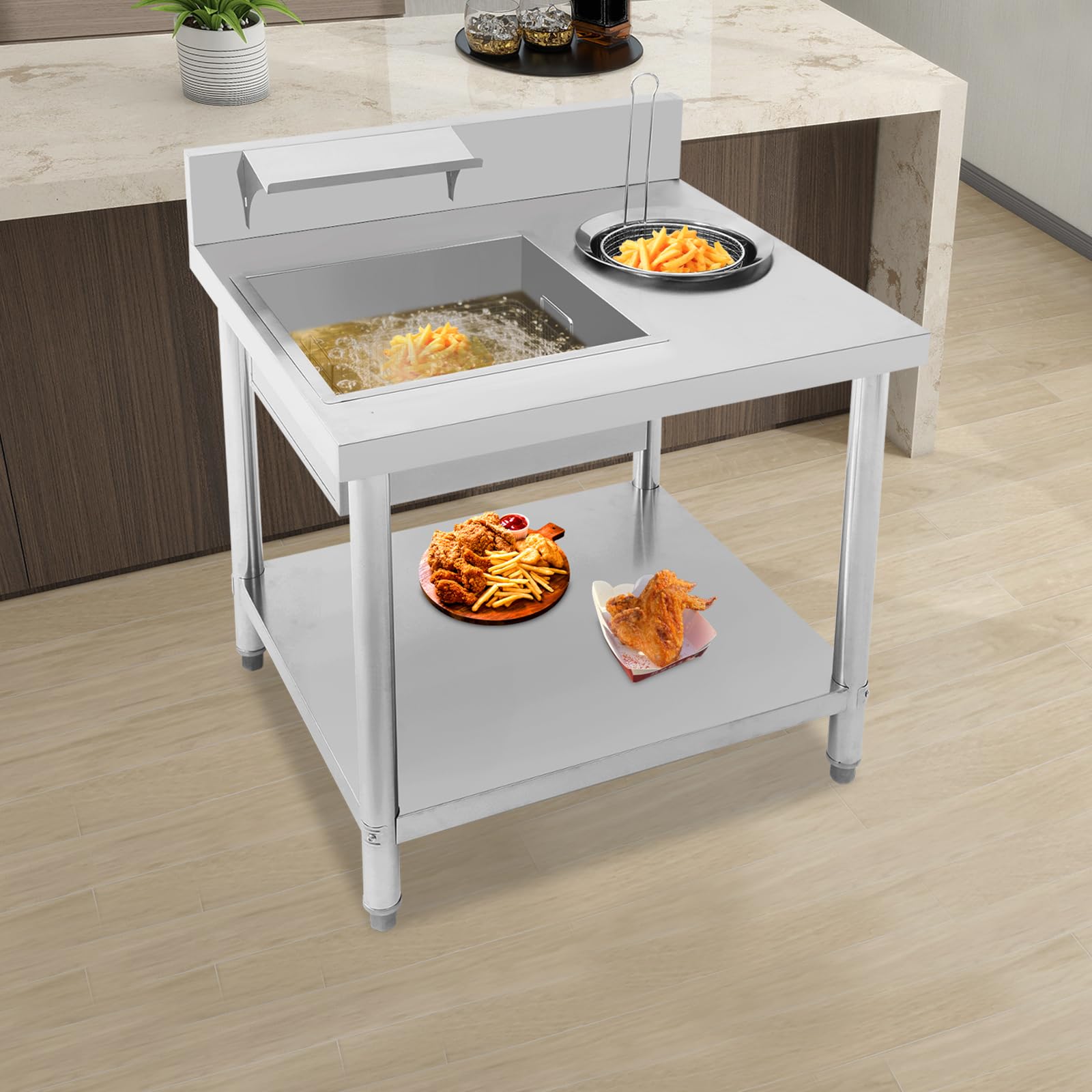 Tavolo per la preparazione di pollo fritto con 2 vasche da bagno, 2 cesti e ripiano inferiore, piano di lavoro in acciaio inox per ristoranti di pollo fritti, ristoranti fast food