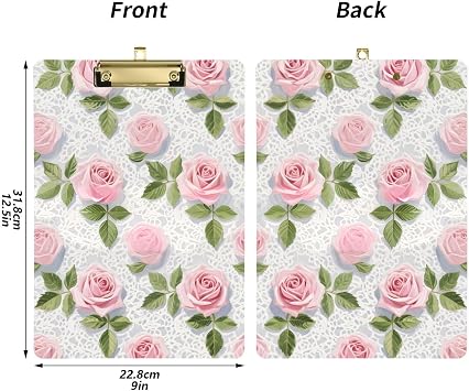 Pink Lace Rose Flowers File clipboard Standard Hole for Volleyball Baseball Coaches Size 9 x 12inches