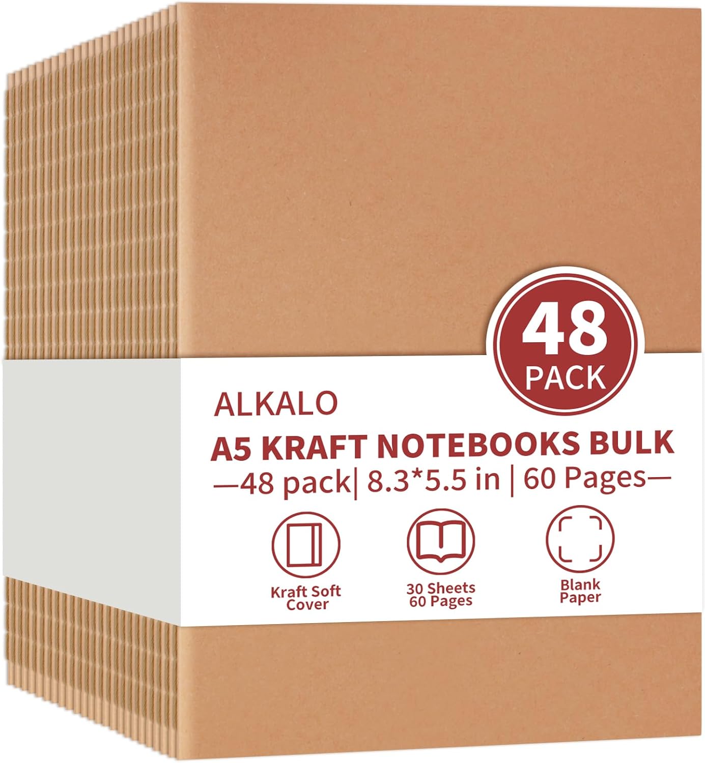 48 Pack A5 Blank Kraft Notebooks Bulk, 8.3x5.5 Inches, Journaling Notebooks
