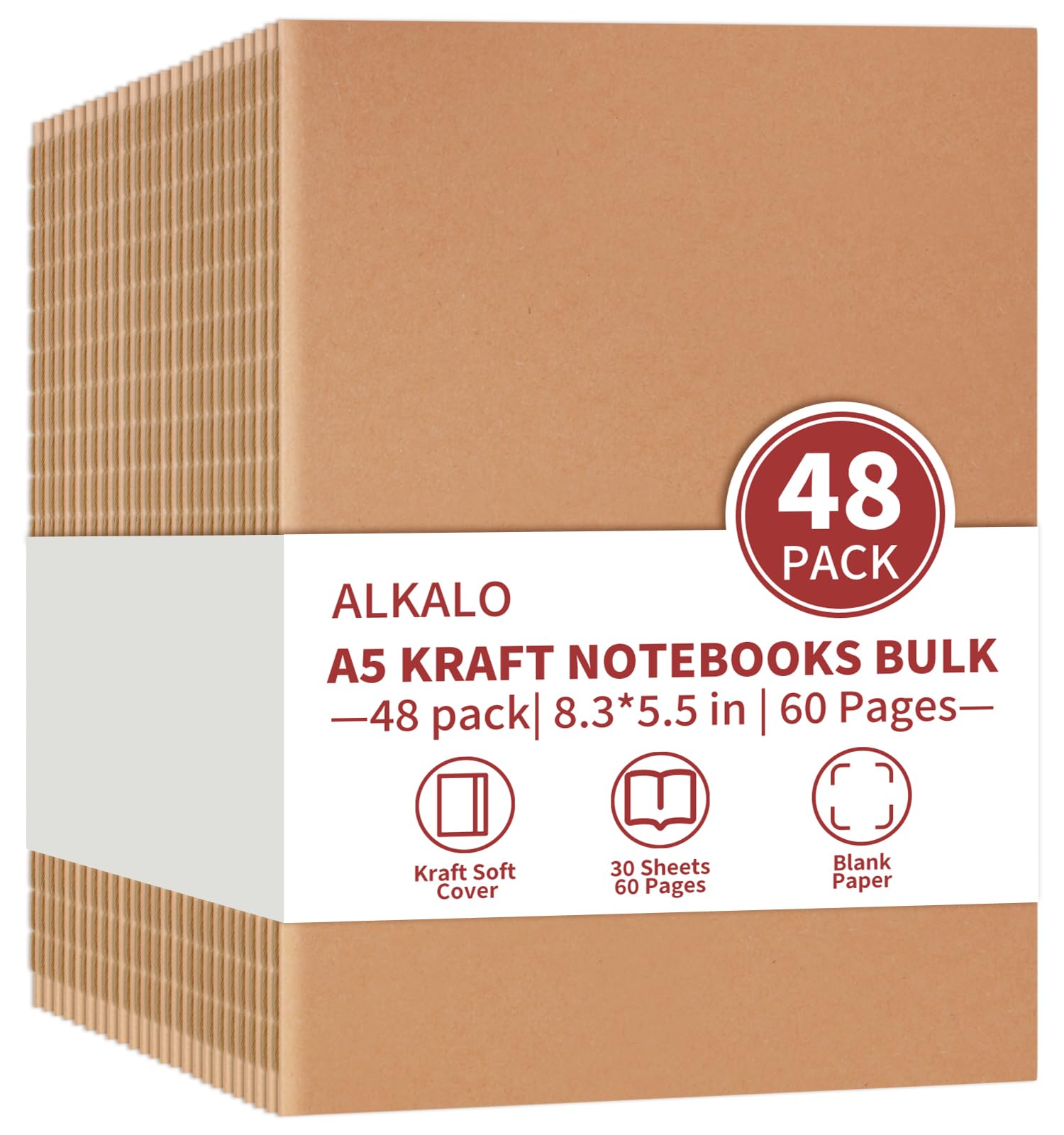 Confezione da 48 quaderni A5 in carta kraft, 20,3 x 14,9 cm, quaderni per diari | Quaderno composto da copertina morbida, 30 fogli/60 pagine, diario di viaggio per lavoro, scuola, scrittura
