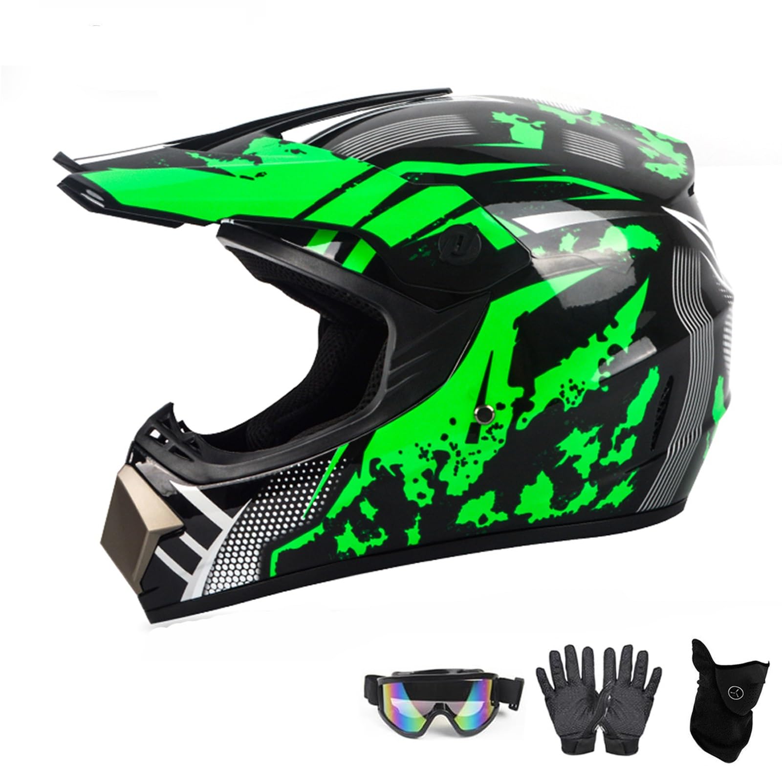 Kinder Motorradhelm,Jugend Offroad-Helme,Downhill Fullface Motocross Helm,MTB ATV MX-Helme,Crosshelme Motorradhelme,Fullface Helm MTB Mit Brille Handschuhe(B,XL(58~59cm))