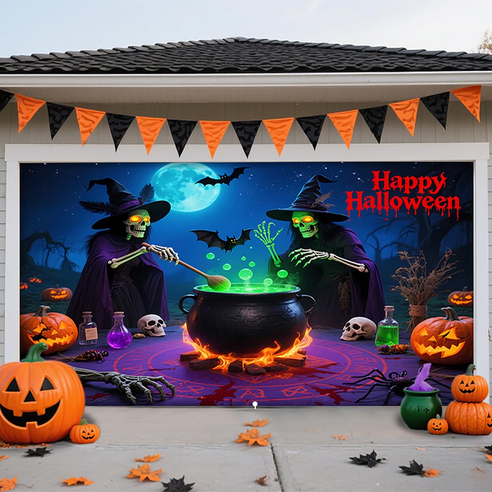 ZFFLYH Halloween Garage Door Cover, Large Hanging Garage Door Banner Backdrop Horror Halloween Wall Decorations for Outdoor Indoor Home House Party,Witch B,6.5 * 5FT