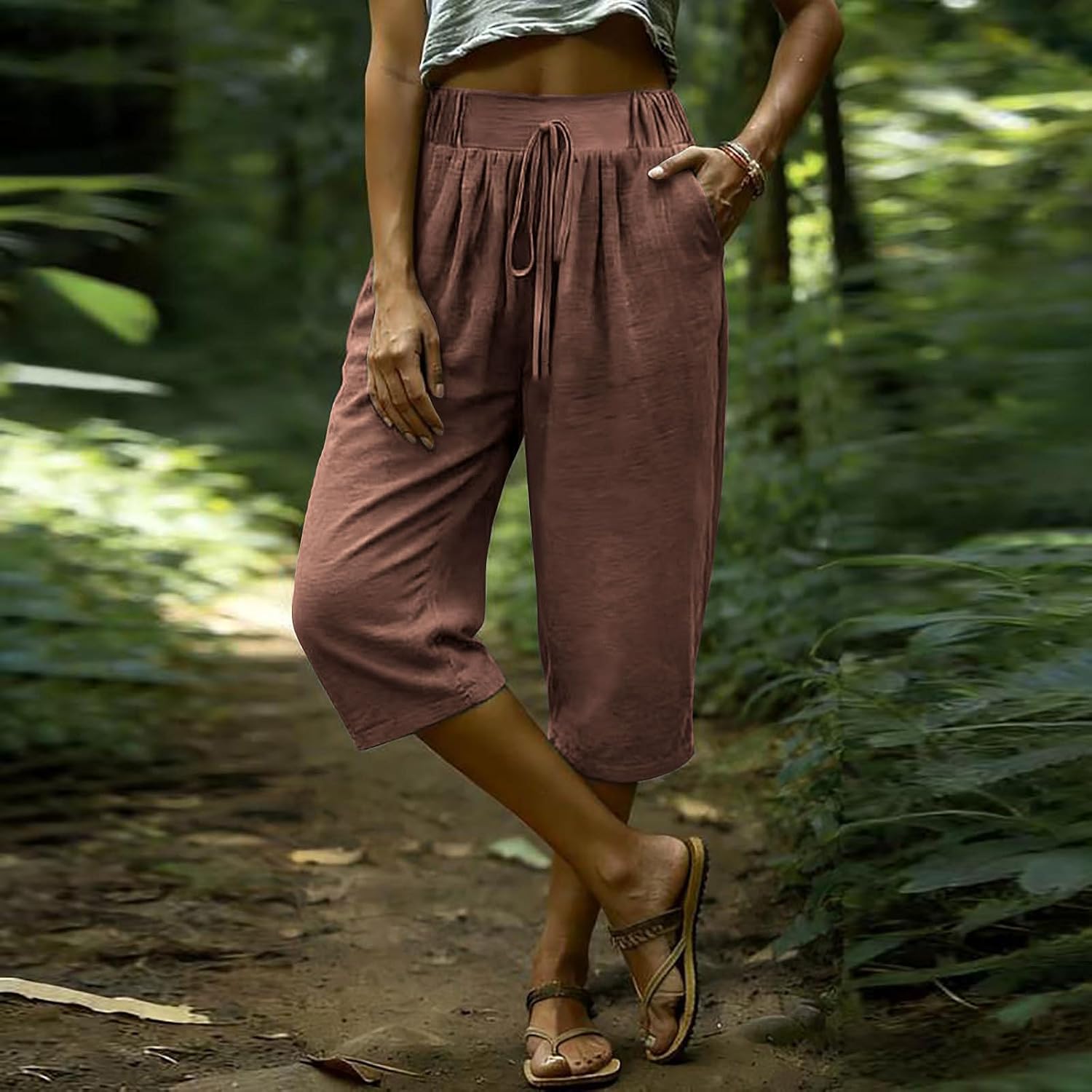 Womens Capri Pants Lightweight Casual Summer Capris Drawstring Elastic Waist Wide Straight Leg Cropped Pants