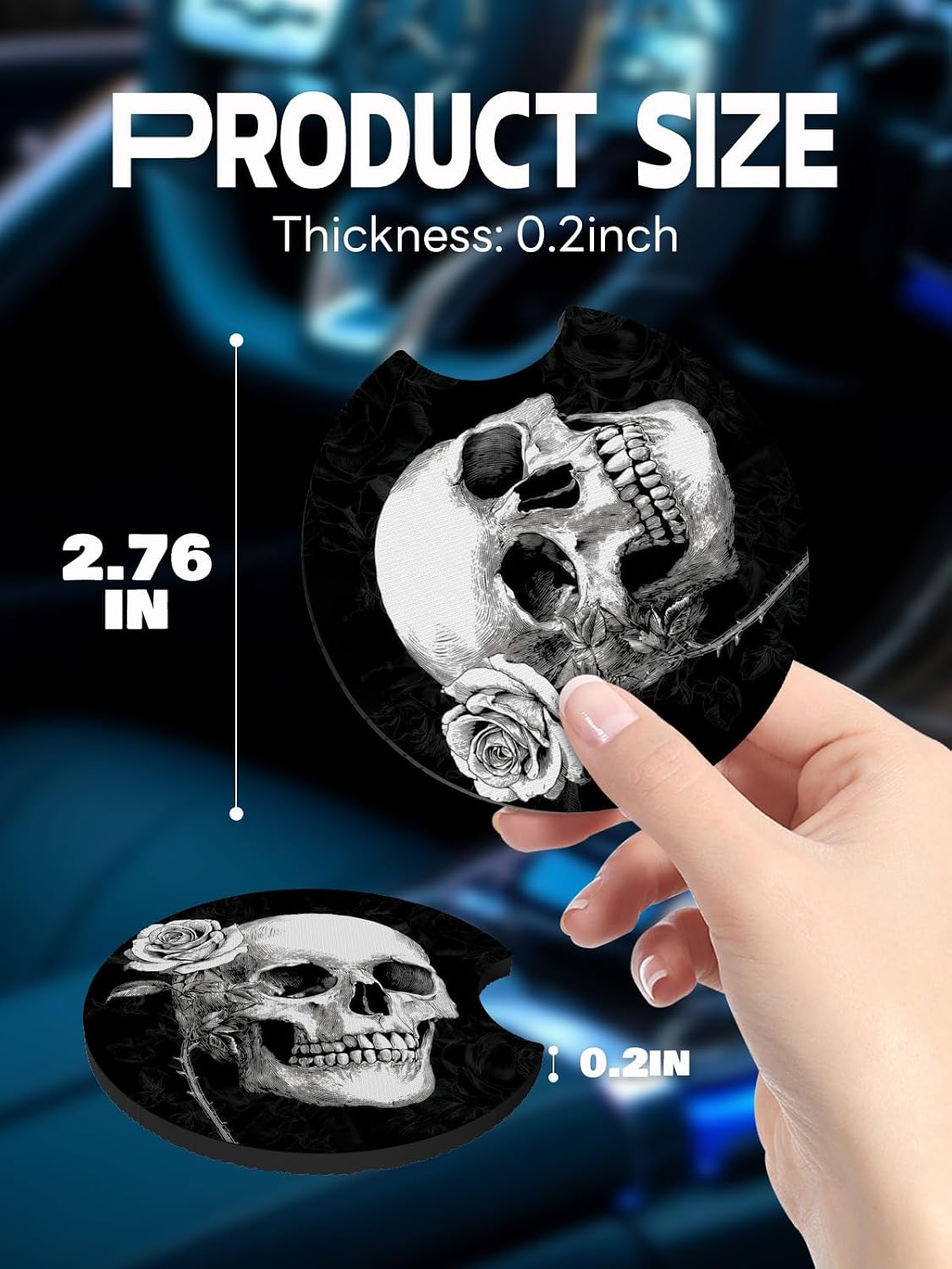 WOCOCN Car Coasters,Cup Holder Coasters for Car,2.75inch, Rose Skull image 5