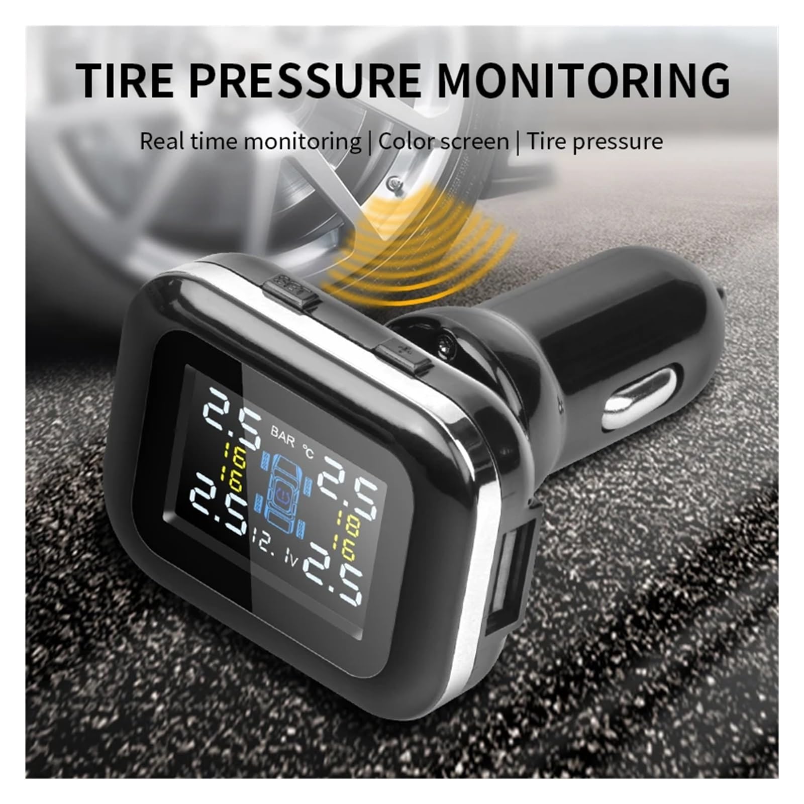 Smart Car TPMS di Allarme for Pressione Pneumatici Regolabile con Angolo Accendisigari Aggiornato Accessori Moto USB Rilevamento Preciso(Internal Sensors,TY-D10)