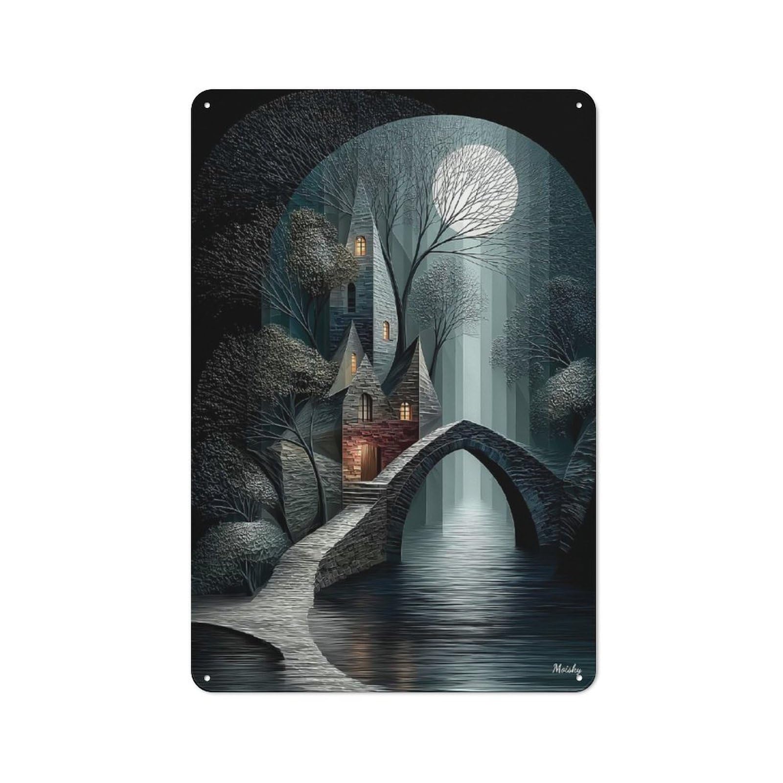 Decorative Metal Plaque with Moonlit Bridge to The Hidden Keep Design 30x20cm, Warehouse Style Loft Wall Plaque for Flat, Bar, Studio Or Gallery Wall