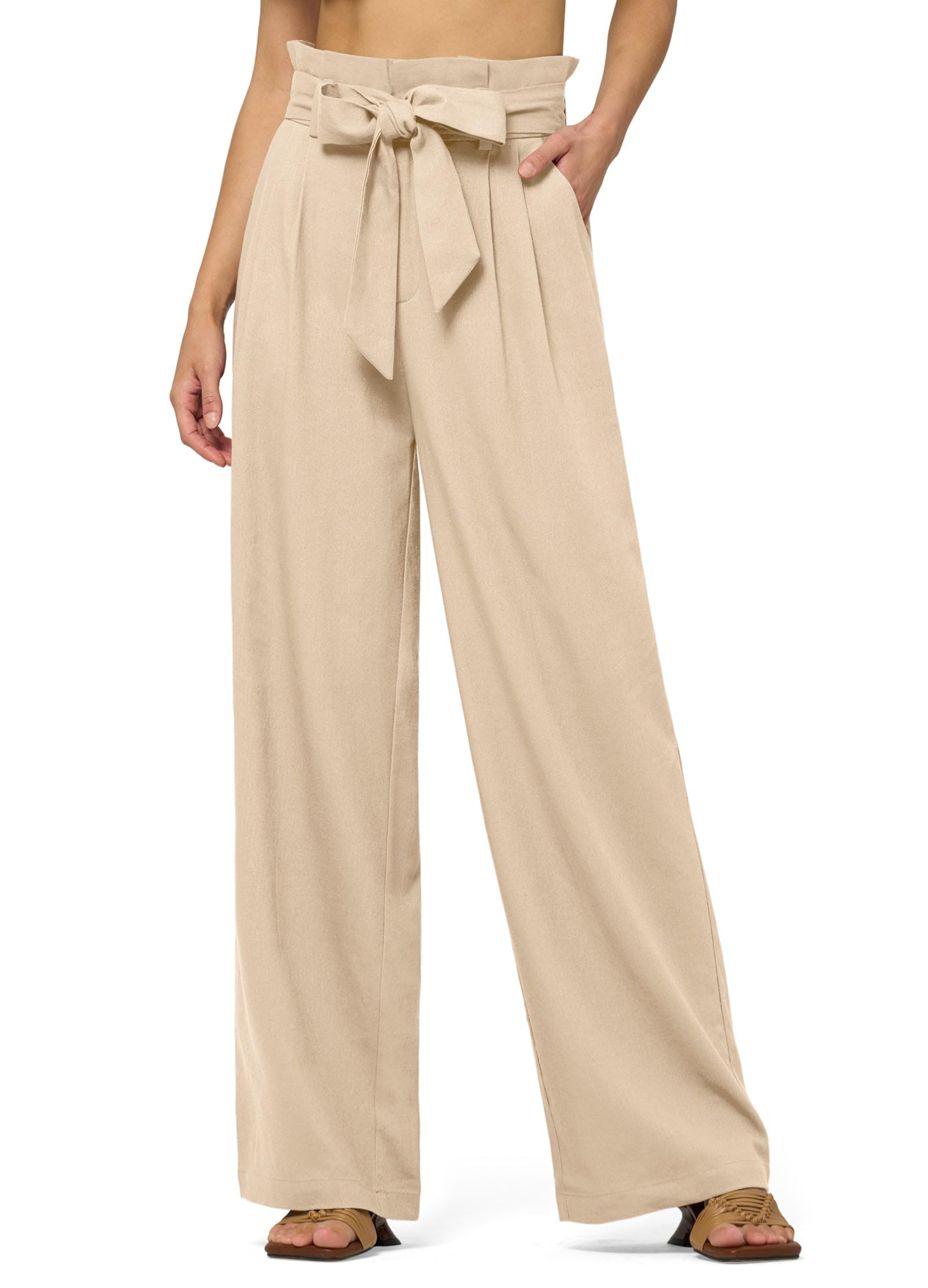 Willit Pantaloni da donna in lino casual a gamba larga, pantaloni da lavoro a vita alta, tasche estive con nodo 71,1 cm/76,2 cm/32 ''