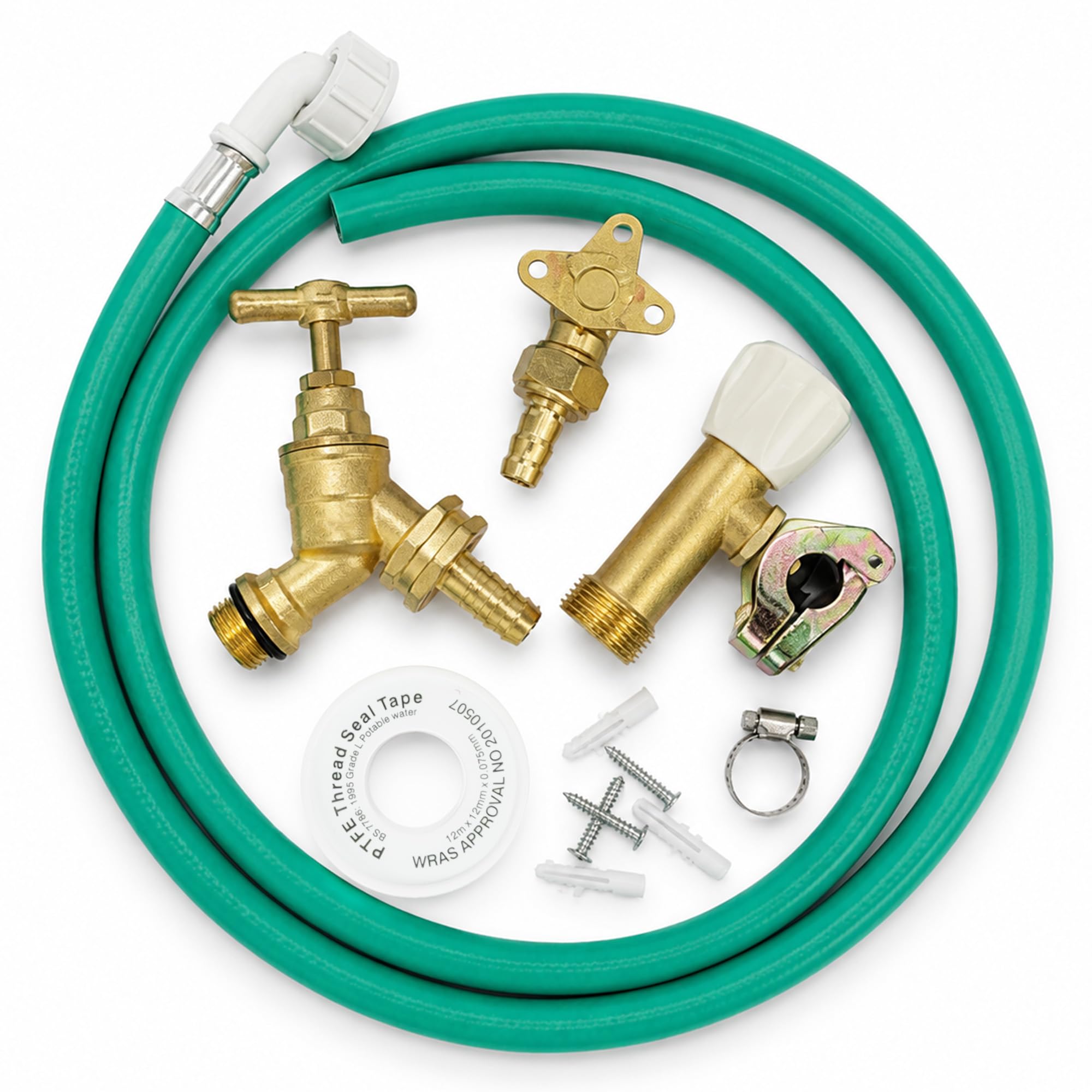 NAVOYS Complete Outdoor Garden Tap Kit with Brass Tap, Self Cutting Tap Connector, 156cm Hose, PTFE Tape, Clamp, Screws & Wall Plugs, DIY Outside Tap Kit for Garden Water Access