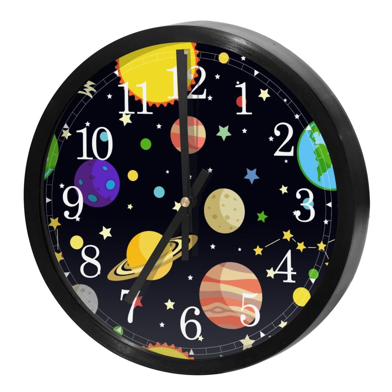 Horloge murale ronde décorative pour cuisine et bureau au design de planètes spatiales