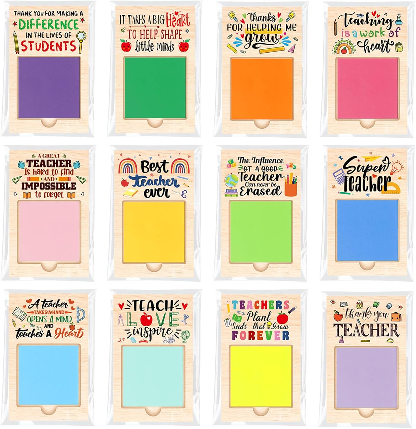 Motipuns 72 Pcs Teacher Appreciation Gifts Sticky Note Holder Teacher's Day End of Year Gift Employee Appreciation Thank You Gift Sticky Note Pad Holder Notes OPP Bags for Coworker (Light Color)