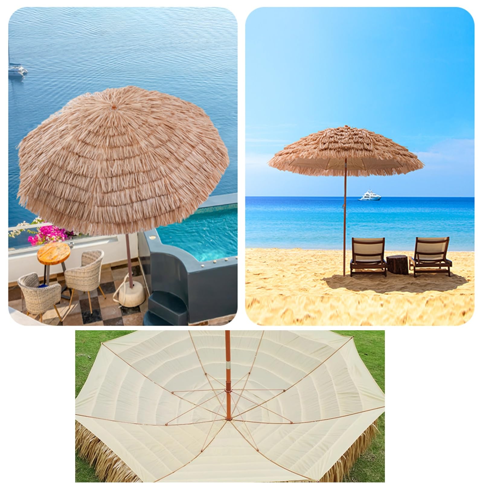 Ombrellone da spiaggia Tiki in paglia, pieghevole e portatile con 8 robuste stecche, ideale per esterni, tavoli, mercati, patio, giardini e cortili.