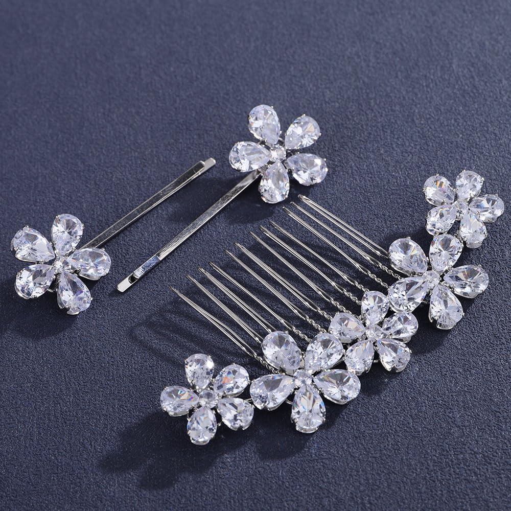 Missgrace Bride Wedding Prom Silver Flower Hair Comb Bridal Headpieces Full Rhinestone Headpiece Bridesmaid Side Hair Combs Hair Accessories for Women - Image 5