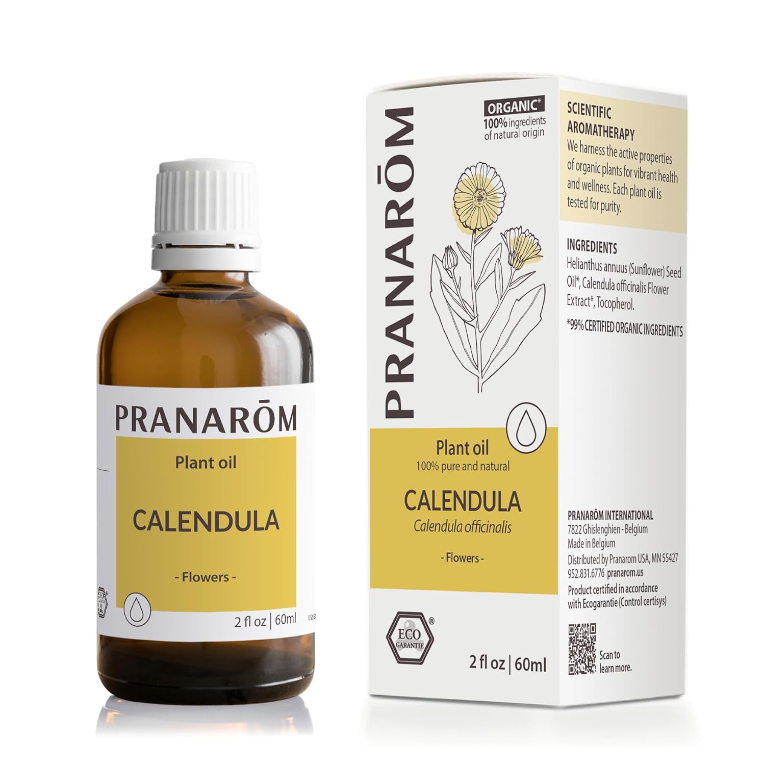 Pranarom - 4 Pack - USDA Certified Organic French Calendula Virgin Plant Oil - 2 fl oz Glass Bottle - Gentle Soothing Oil for Sensitive Skin, Moisturizer