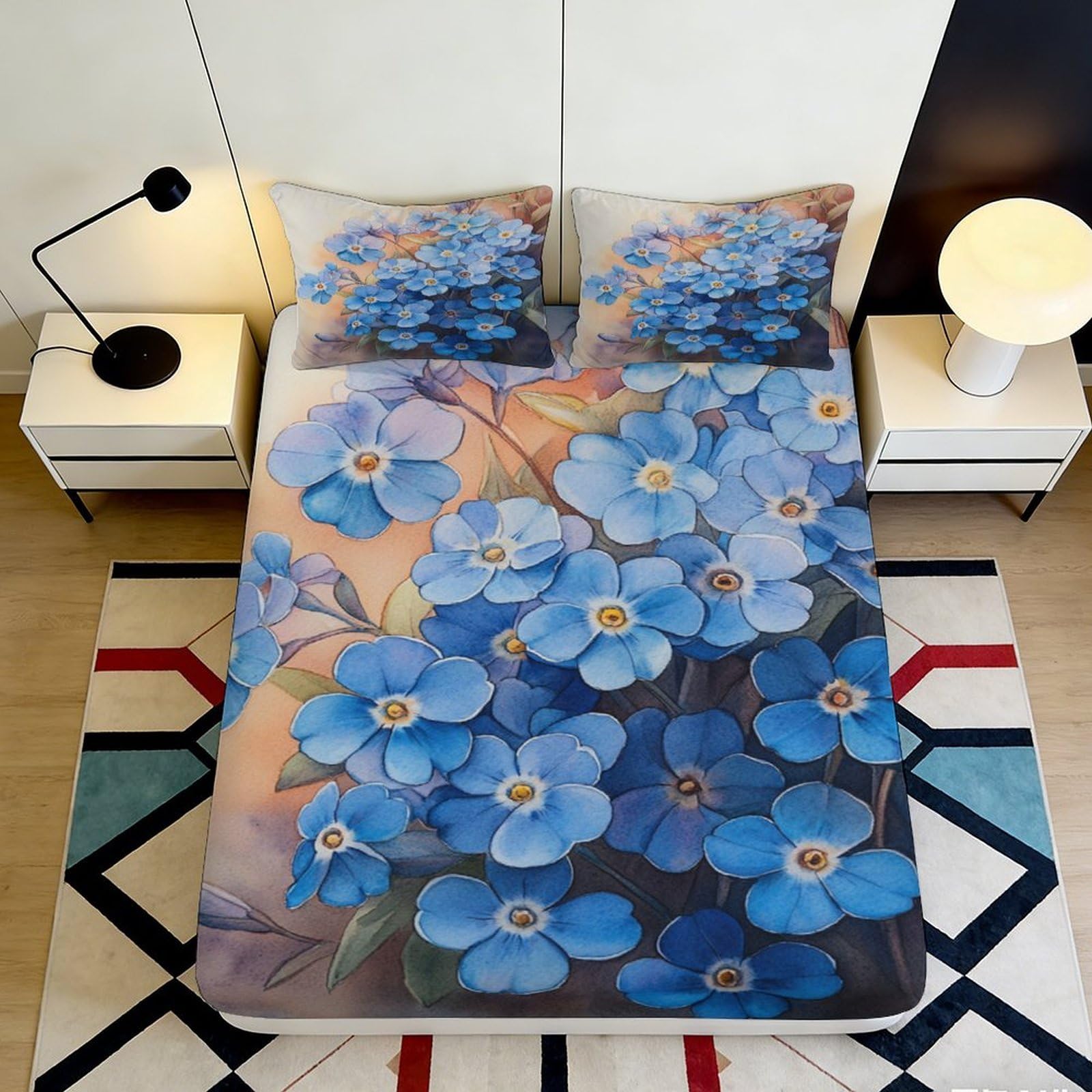 3D Printed Blue Floral Fitted Sheet Microfiber Soft Breathable Blossom Mattress Cover for Bedroom Guestroom Decor 90x200x25cm