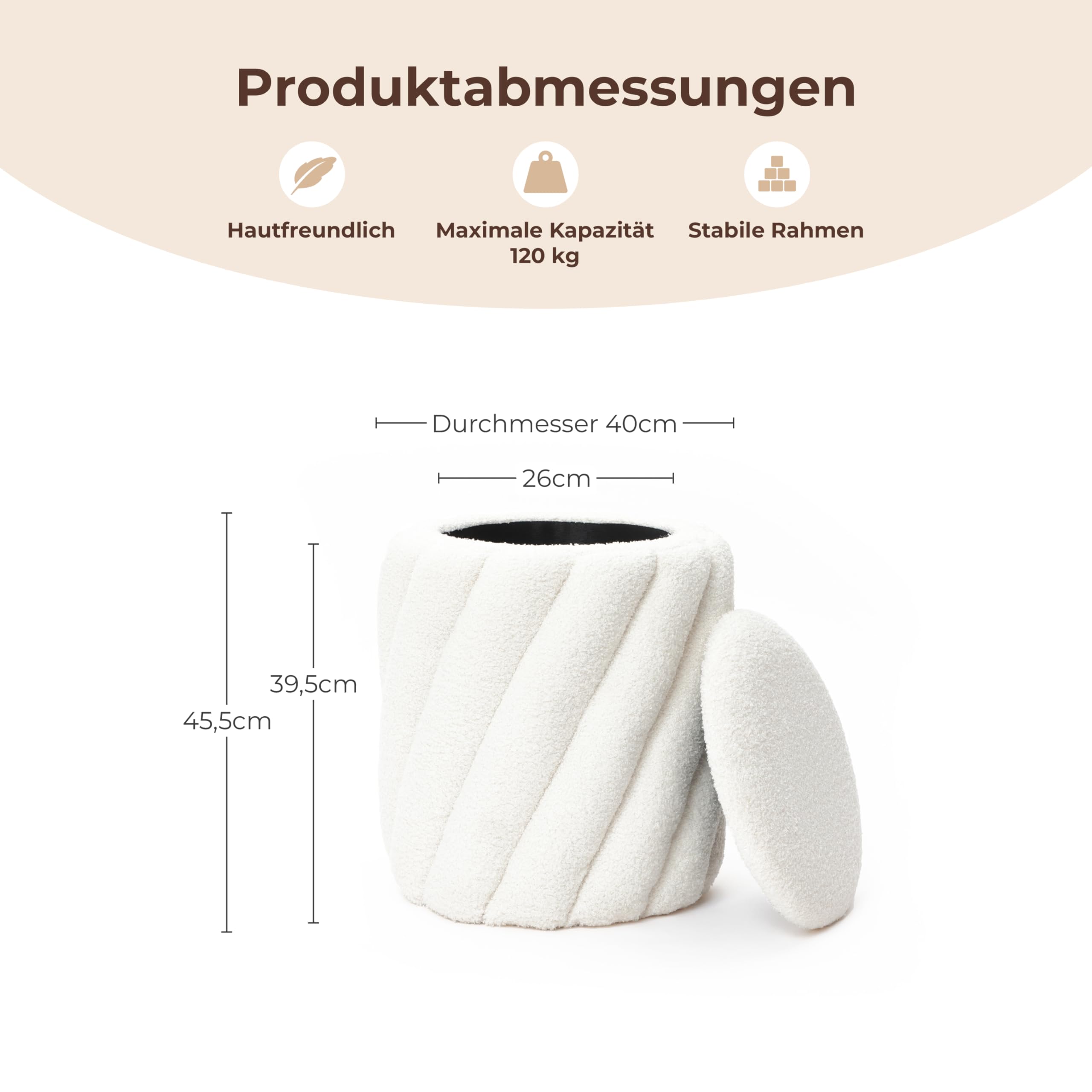 Hometopia Sitzhocker mit Stauraum, rund im Spiral-Design in Weiß