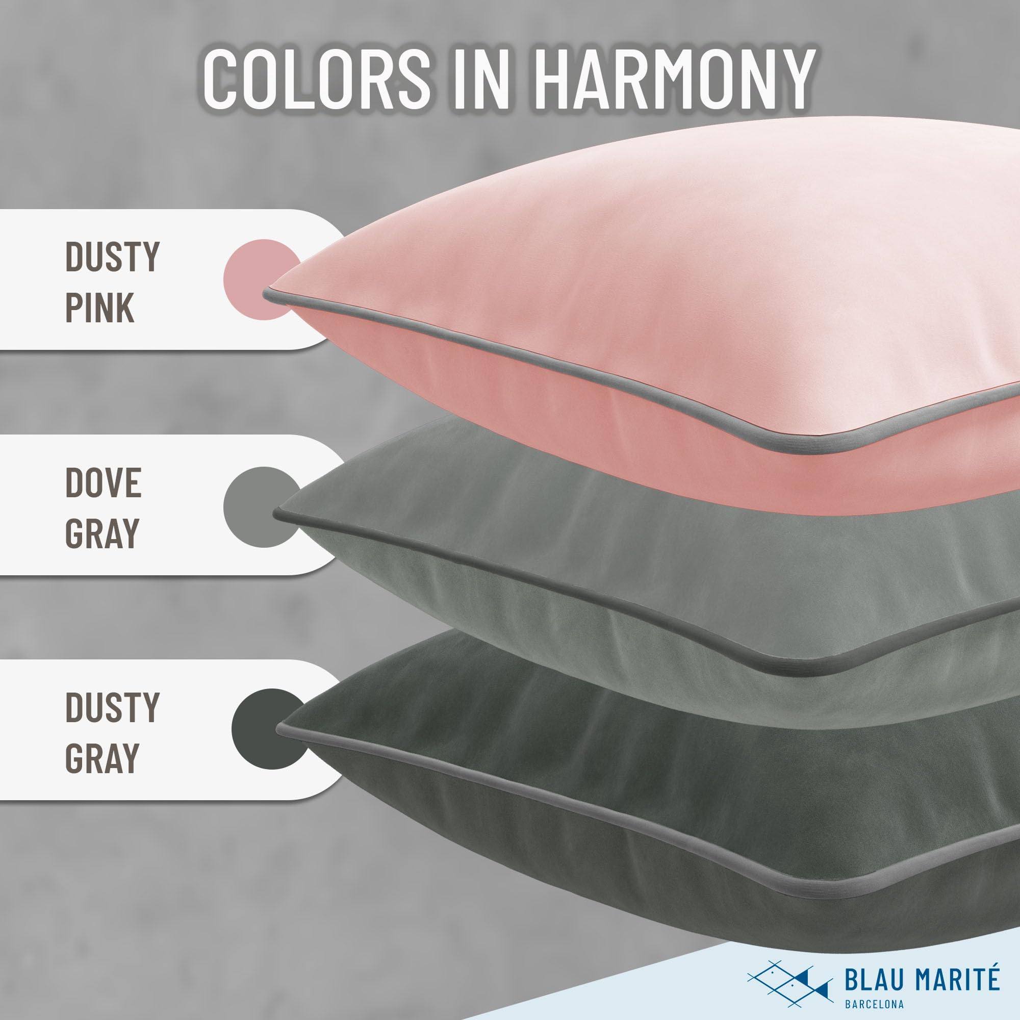 Blau Marité Set of 2 Velvet Throw Pillow Covers with Contrast Piping, Soft Decorative Cushion Covers, Pink and Grey, 18"x18" (45x45 cm) - Image 4