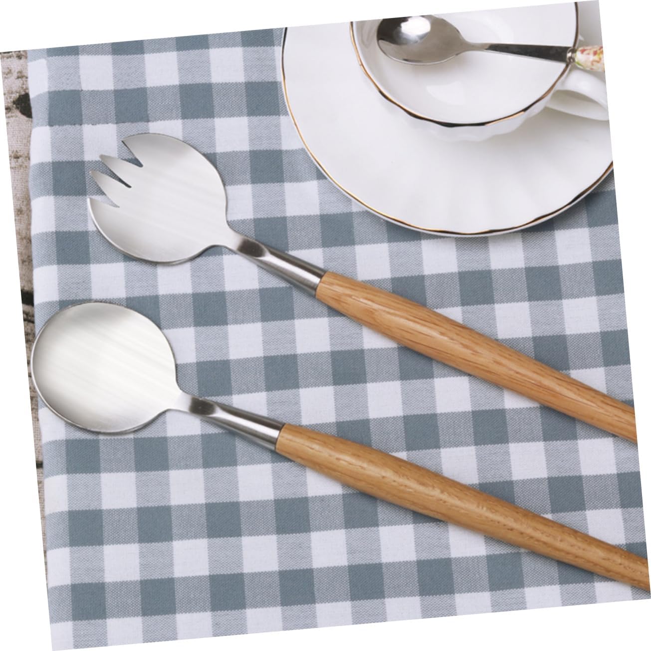 2pcs Salad Fork Spoon Set Silverware Salad Servers Stainless Steel Wooden Handle Party Cutlery