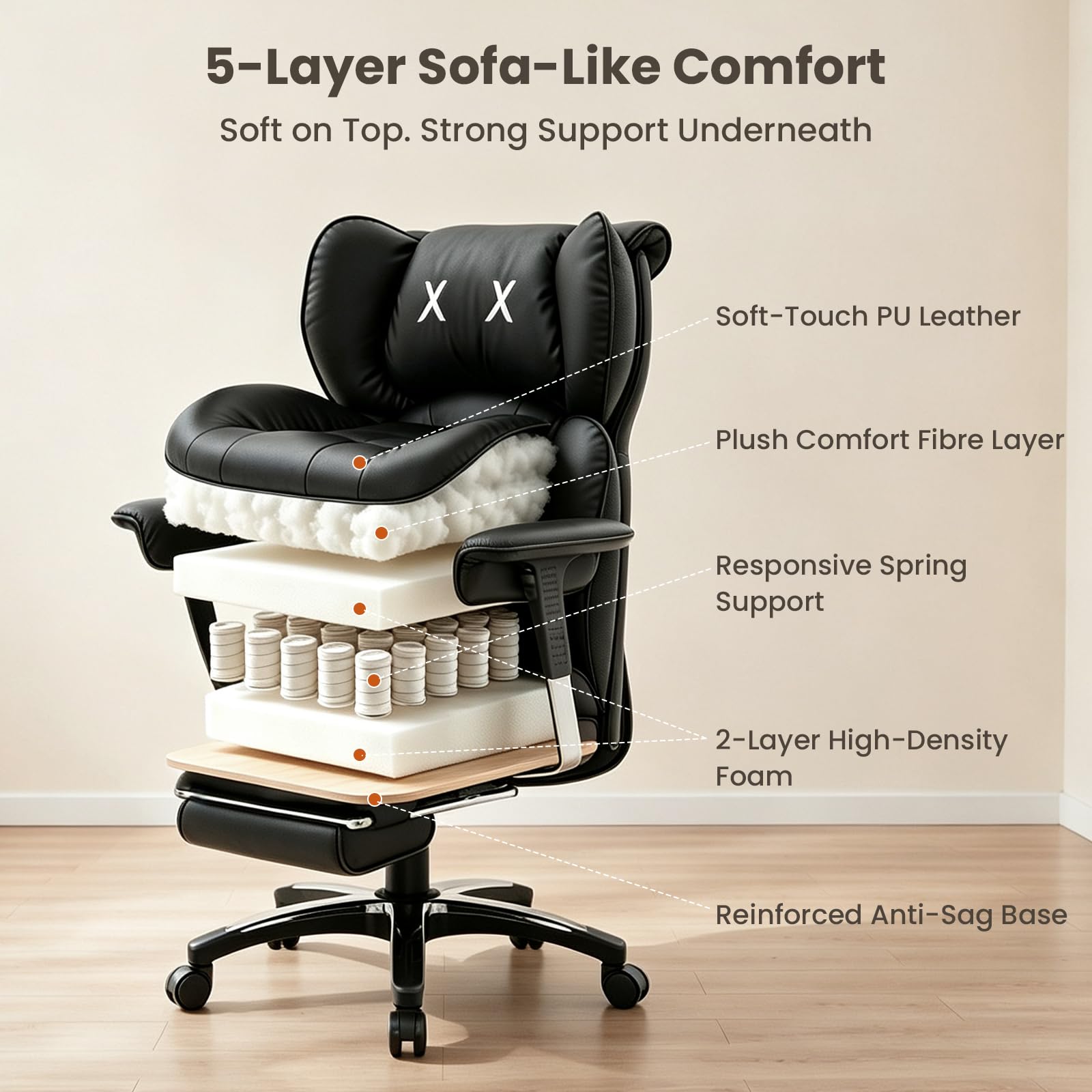 Efomao Silla de Oficina Grande, Silla de Escritorio de Piel PU con Bordado en X, Respaldo Alto Ajustable, Reposapiés, Soporte Lumbar, Silla Ejecutiva Ergonómica 200 kg