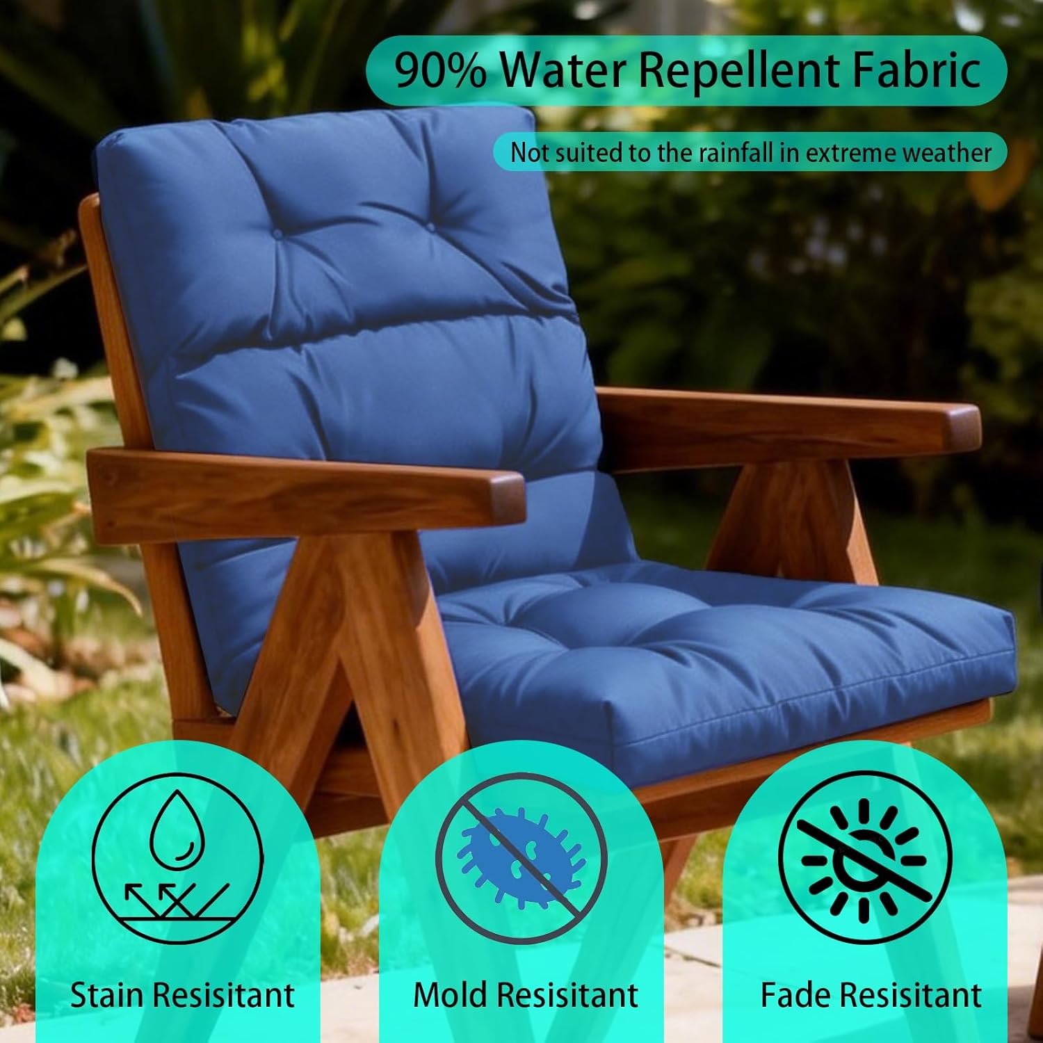 Outdoor Indoor High Back Patio Chair Cushions 22 * 22 in Tufted Outdoor with Ties, Seat Back Chair Cushion for Adirondack Rocking Patio Furniture-Blue Set of 2