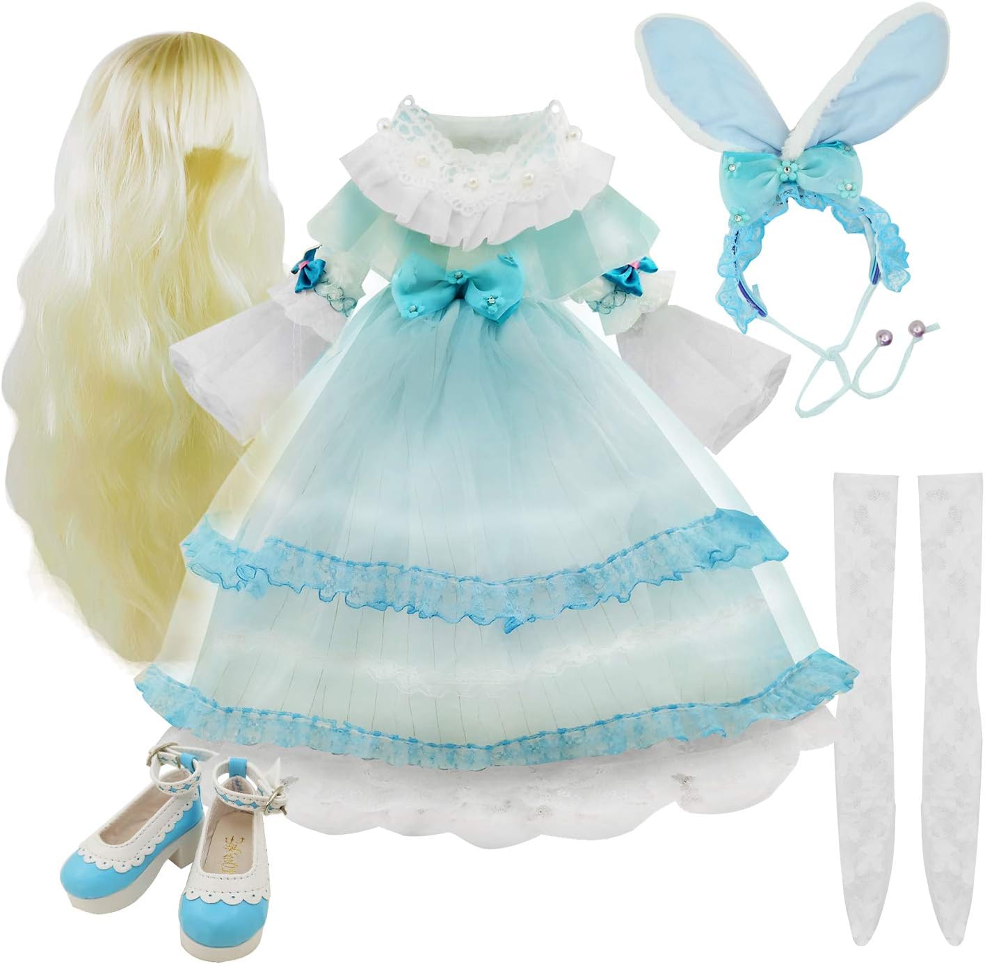 EVA BJD Set of Skirt Wigs Shoes Socks Accessories Full Set for 1/3 BJD Dolls Ball Jointed Dolls 22in - 24in 60cm (Blue and White)