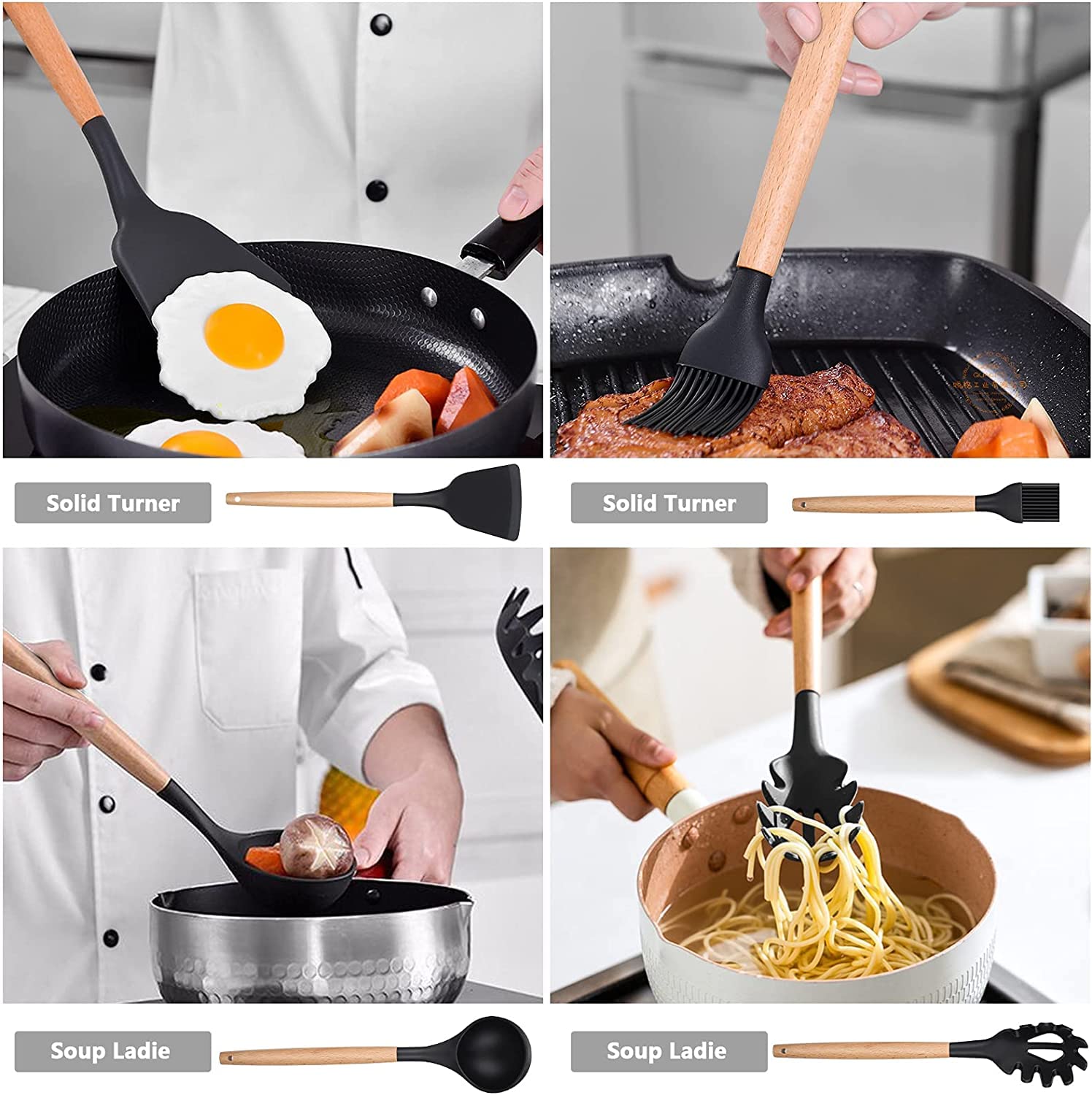 Juego de Utensilios de Cocina de Silicona, 12PCS, sin BPA, Herramientas Antiadherentes y Resistentes al Calor con Mango de Madera, Cuchara/Espátulas/Pinza