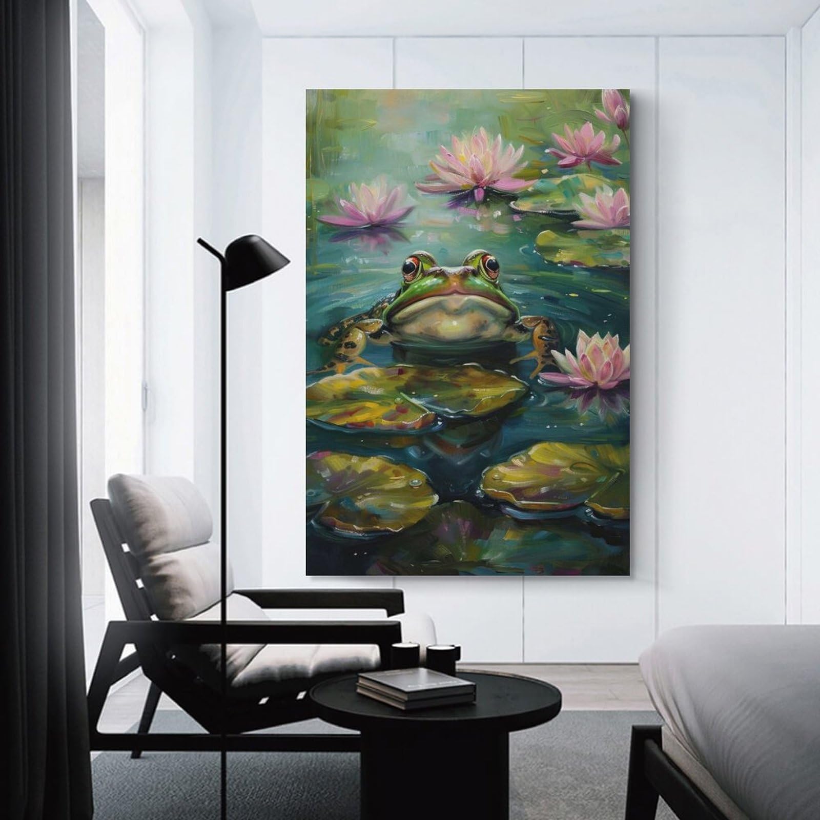 Junmoney Unframe-Style-16-1 Frog In Lily Pond Room Decor Wall Art 24X36inch(60X90cm), For Bedroom Decor, Cosy Corners Or Studios, A Warm Accent For Relaxed Interiors