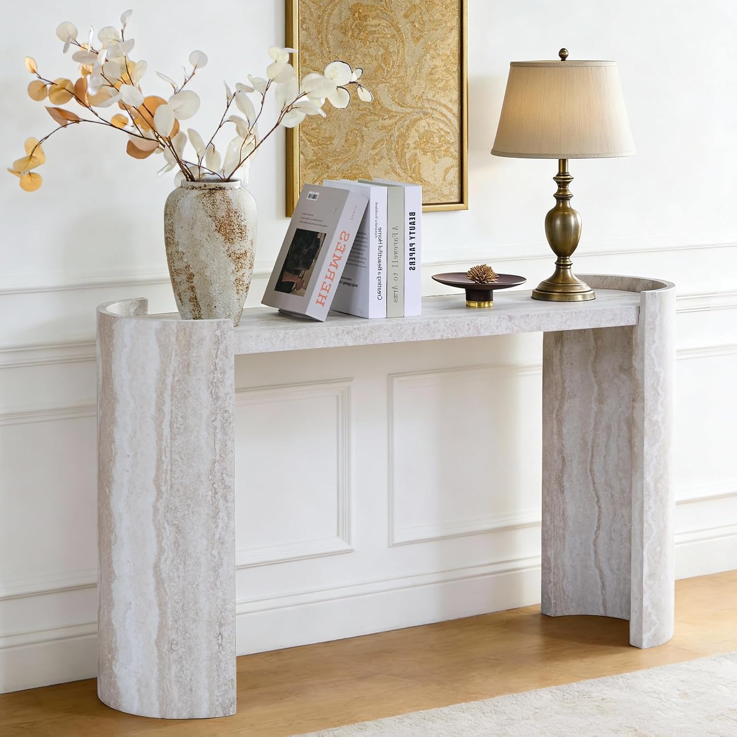 53" Faux Travertine Stone Console Table for Entryway, Sofa Entrance Table with Faux Mars Marble Pattern, Modern Sofa Tables with Round Raised Edge Design for Living Room, Hallway, Foyer, Beige