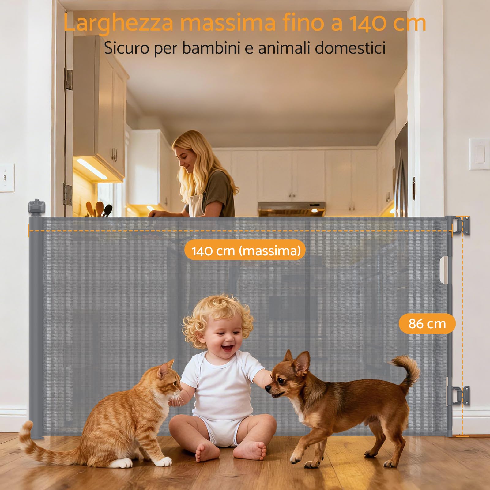 Cancelletto di Sicurezza Estensibile per Bambini e Animali Domestici 0-140cm, Barriera Retrattile con Rinforzo in Fibra di Vetro e Blocco a Pomello, per Scale, Interno ed Esterno, Grigio