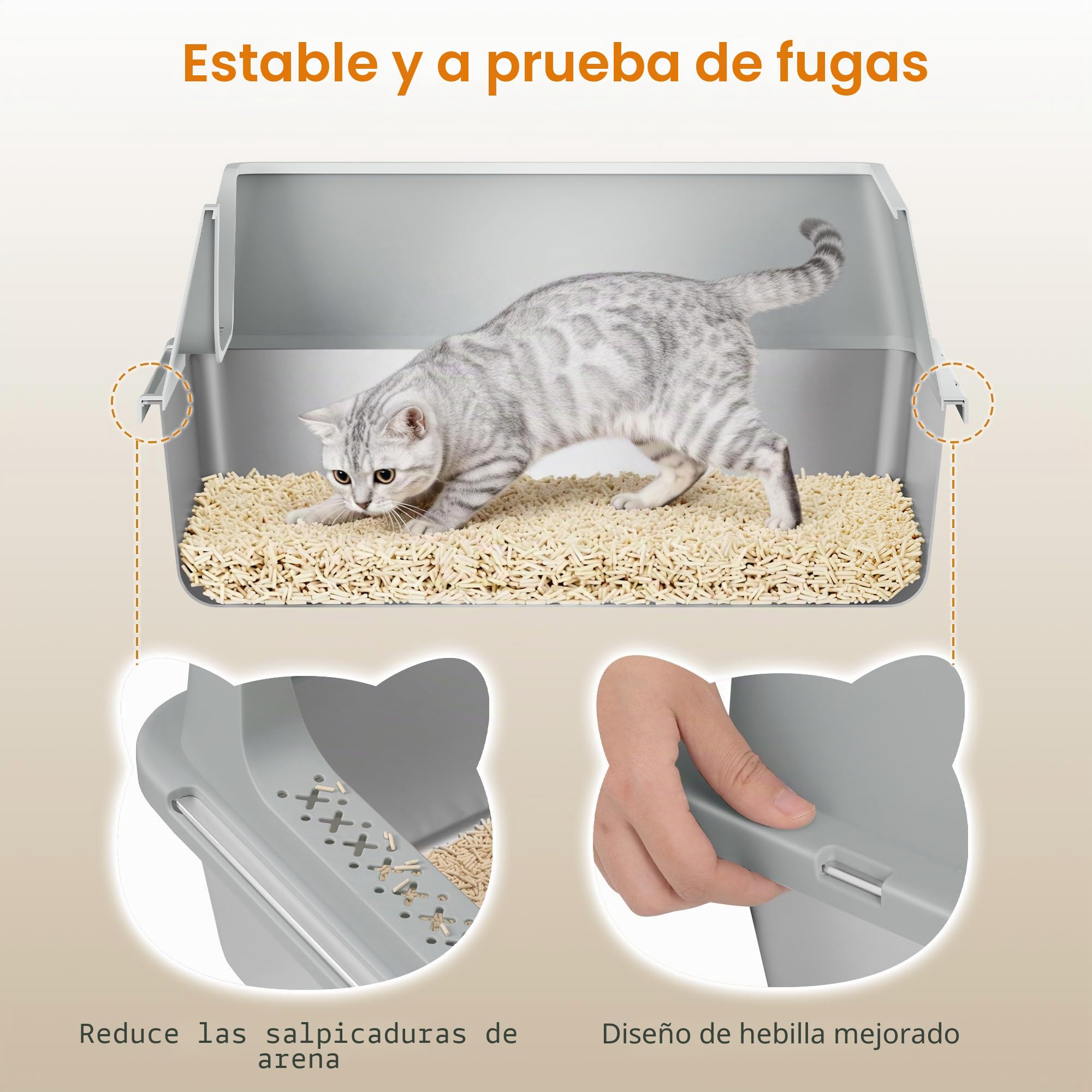 Arenero Acero Inoxidable Gatos XXL, 60,5x40x29cm, Gris Claro | Arenero Metalico para Gato, Caja de Arena Grande para Gatos, Laterales Altos, Incluye Pala, Fácil de Limpiar FPLB003SG1