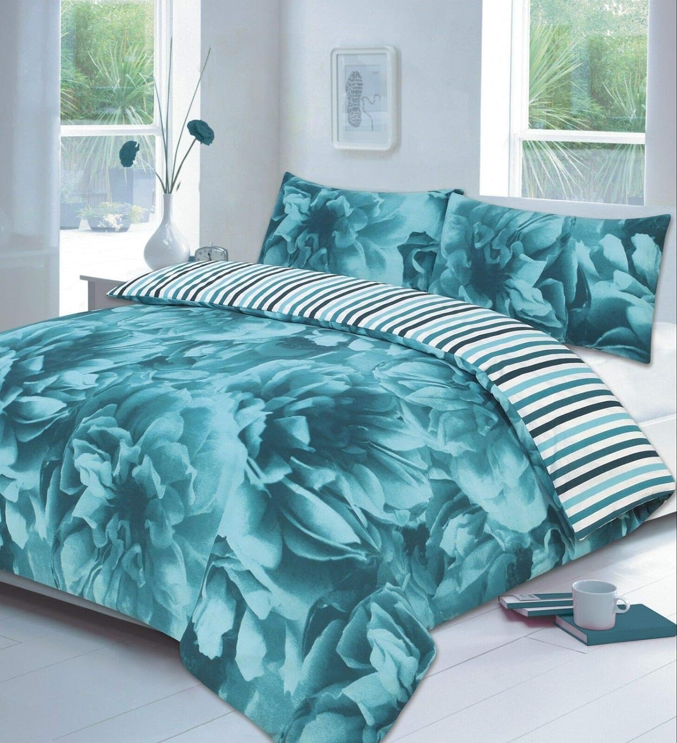Bluemoon Bedding Rose Teal Duvet Cover Sets With 2 Pillow Cases – Reversible Brushed Poly Cotton 3 Piece Hypoallergenic Printed Quilt Cover Bedding Set (, Single)