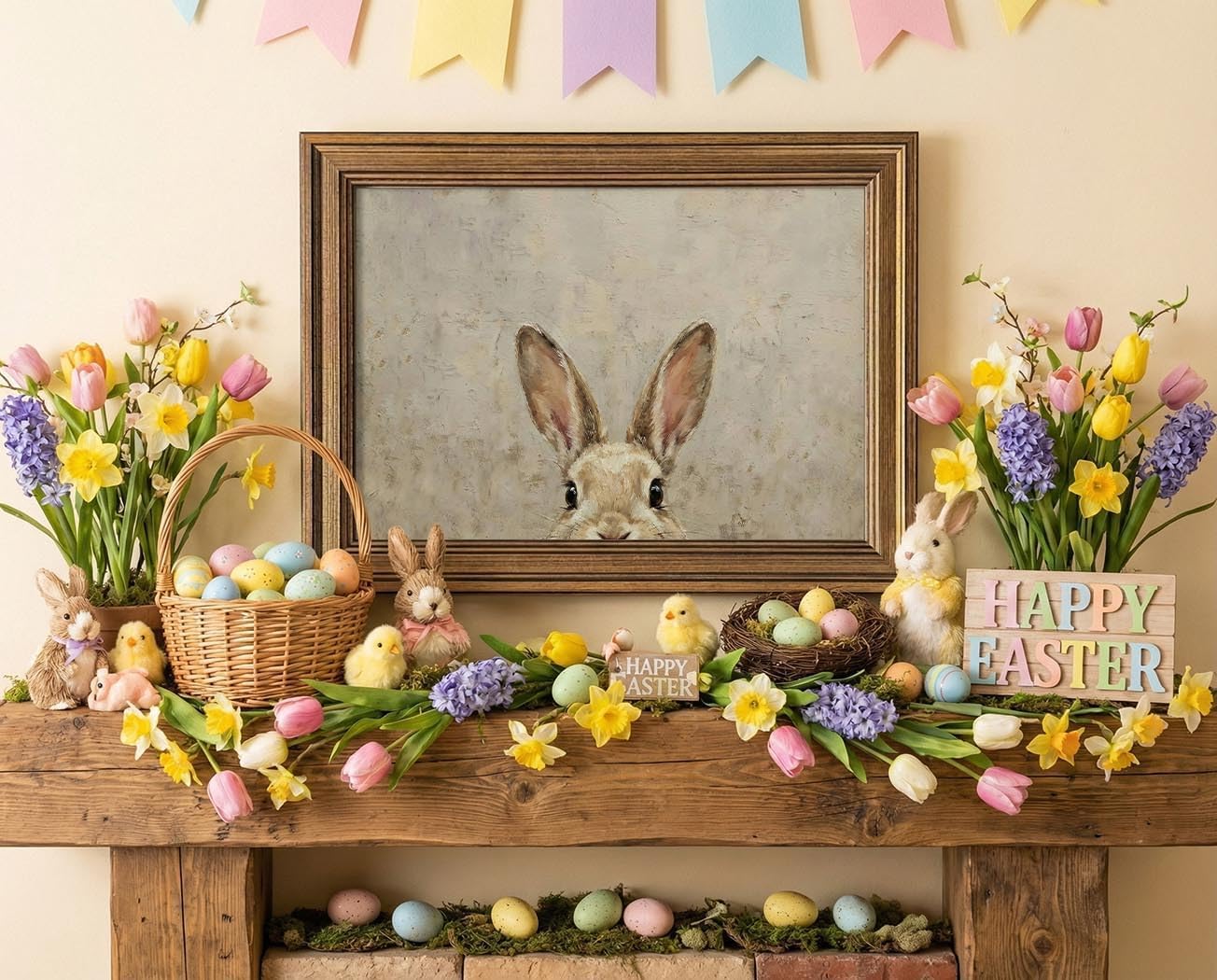 Wemandh Gold Framed Vintage Easter Bunny Wall Art - Muted Spring Rabbit Oil Painting Print, Rustic Easter Wall Decor, Rustic Cottagecore Animal Picture for Shelf, Mantle & Holiday Home Decor (Framed, 12'' x 16'')