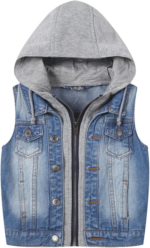 Gilet en jean pour femme avec capuche - Veste ample sans manches - Vintage avec poches - Sweat à capuche - Bouton - Vêtement d'extérieur - Printemps - Automne - Streetwear, R bleu clair, XXL