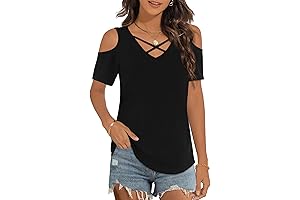 Womens Cold Shoulder Criss-Cross V-Neck Summer Tee
