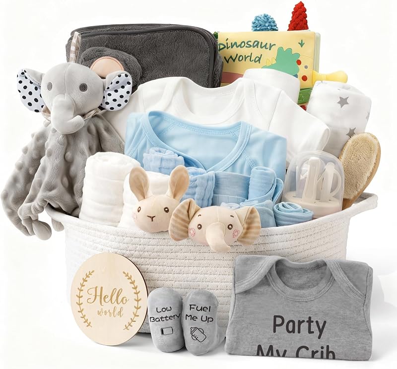 28 Piece Baby Shower Gifts for Boys, Baby Essentials for Newborn, Large Baby Boy Gift Basket, Gender Reveal Gifts, Baby Registry Search, Diaper Caddy Organizer (Blue)