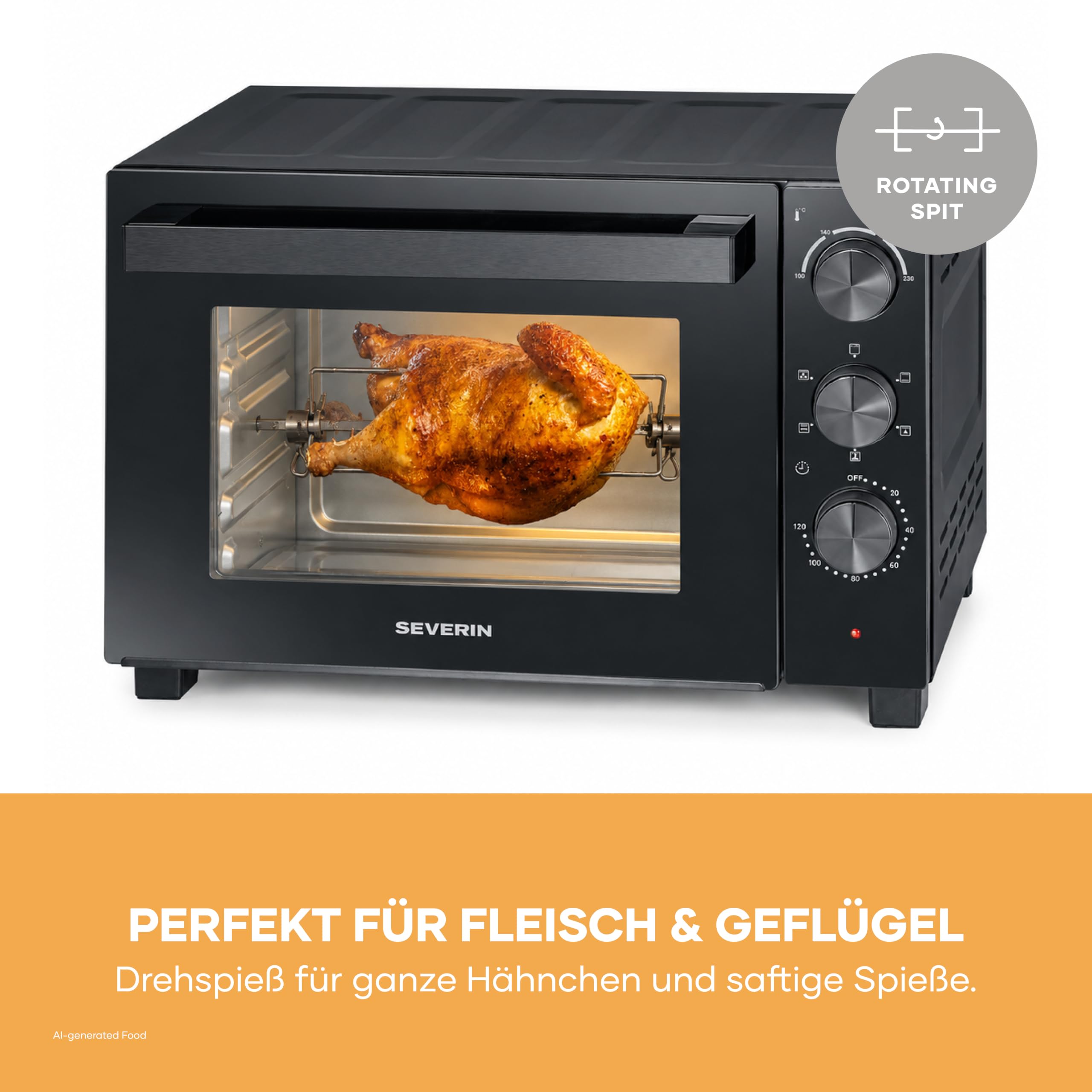 Severin Back- und Toastofen mit Umluftfunktion, inkl. Drehspieß für Fleisch, vielseitiger Heißluftofen mit 30 L Kapazität, Aufbackofen, 100-230 °C, Timer 120 Min., 1600 W, schwarz, TO 9020